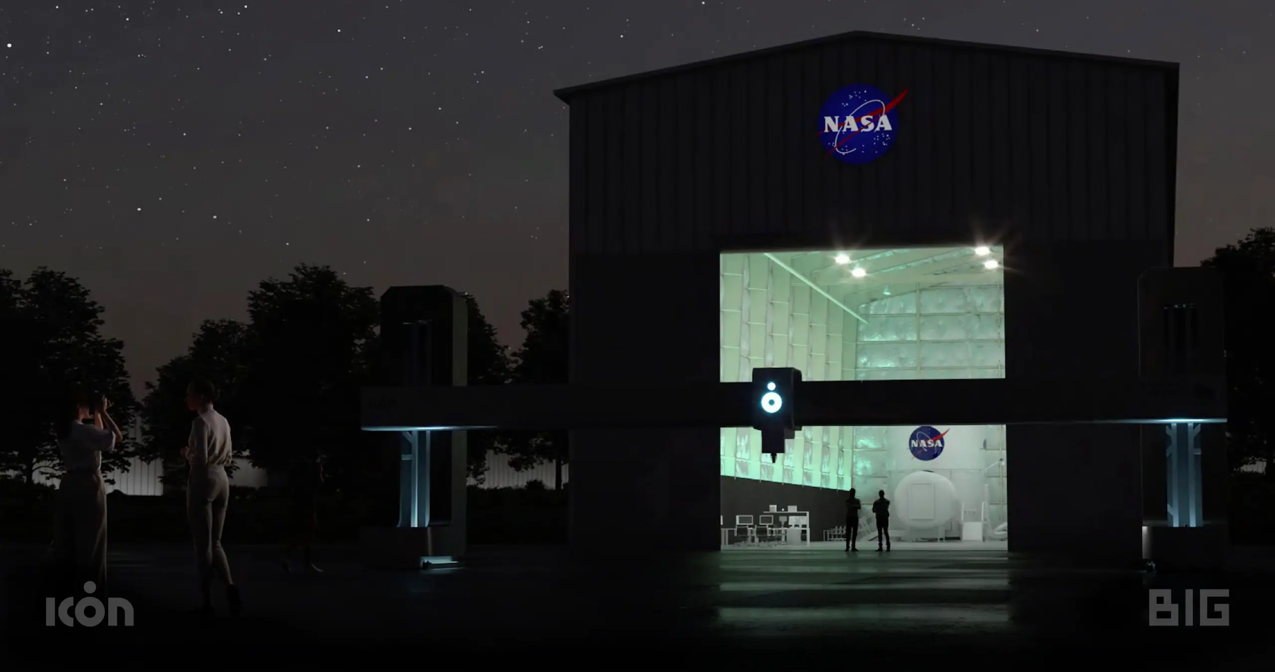 Night exterior of NASA hangar with illuminated interior workshop and silhouettes, evoking advanced construction and habitat fabrication