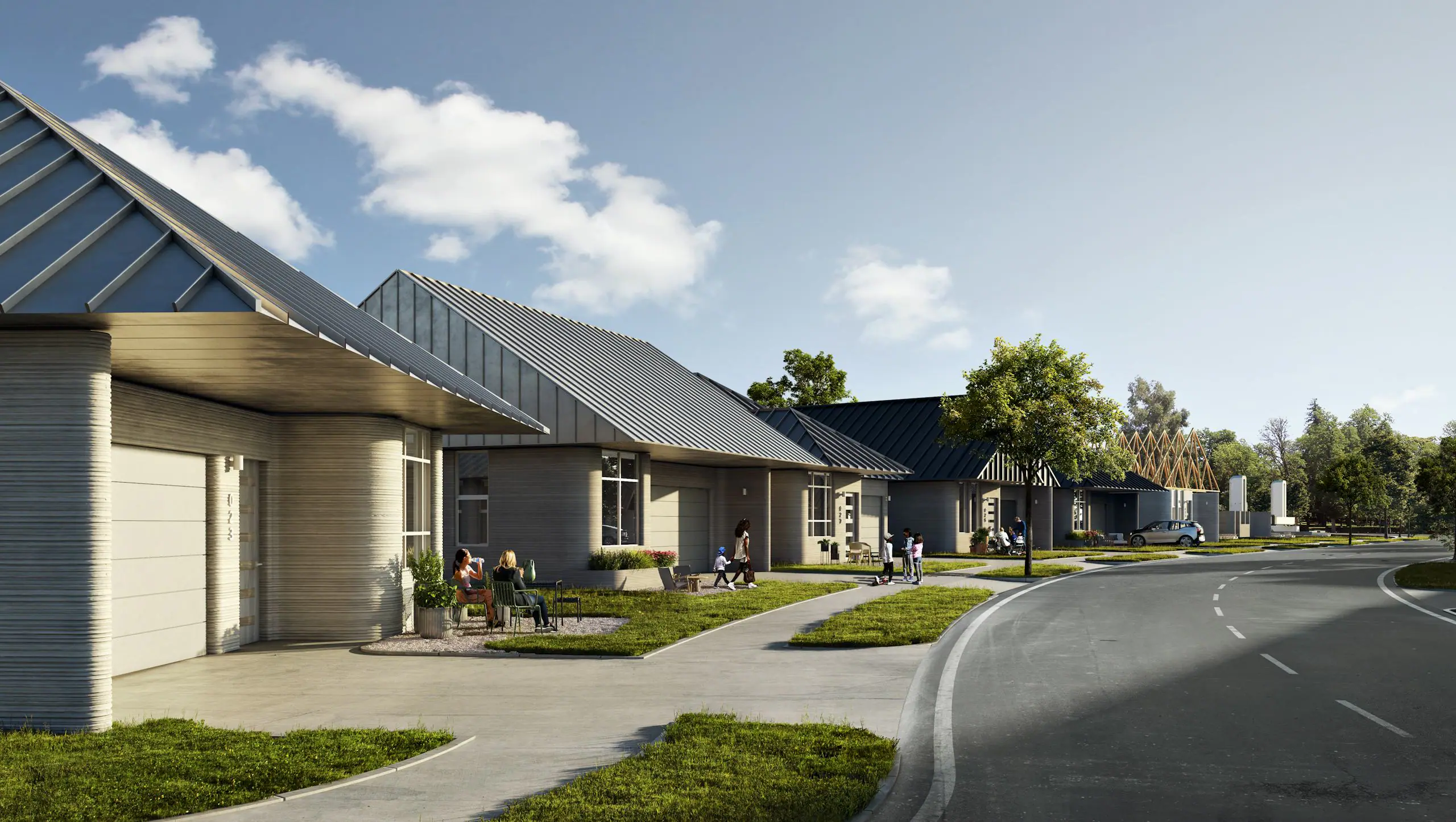 Neighborhood of single‑story 3D‑printed homes with metal roofs and residents outside, showcasing scalable print-built housing.
