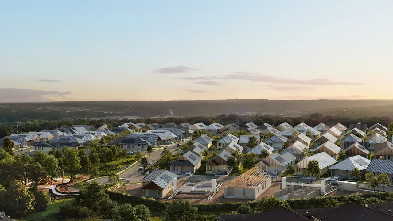ICON 3 D printed 100 hm Community Wolf Ranch Concept Render Aerial