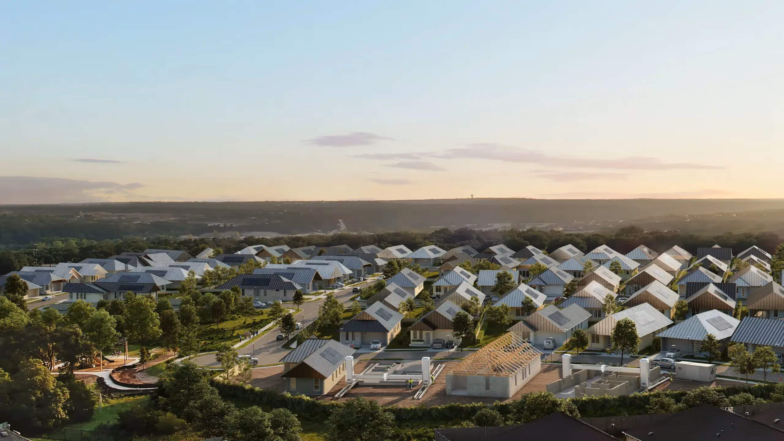 ICON 3 D printed 100 hm Community Wolf Ranch Concept Render Aerial