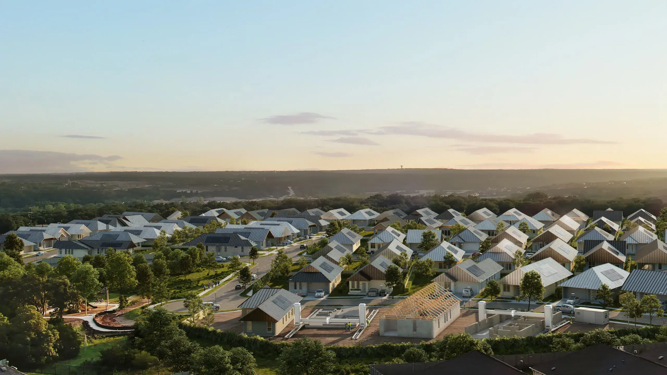 ICON 3 D printed 100 hm Community Wolf Ranch Concept Render Aerial