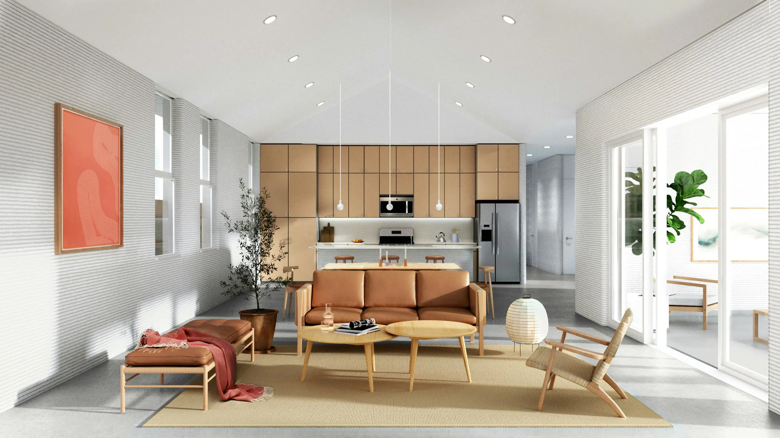 Open-plan living room and kitchen with ribbed 3D-printed walls, modern cabinetry and leather sofa