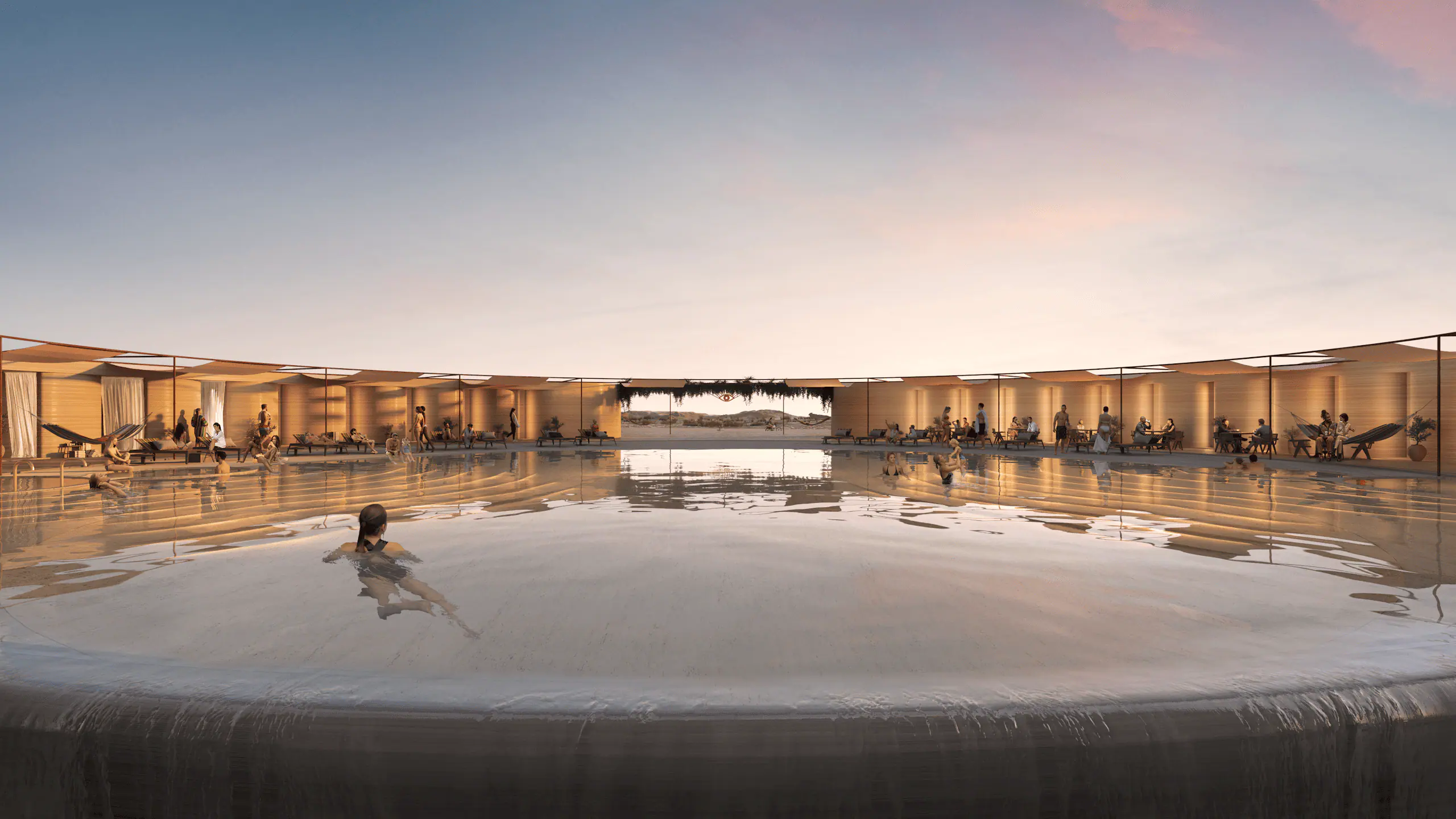 Infinity pool surrounded by low timber pavilions and lounge seating, illustrating modern modular community space
