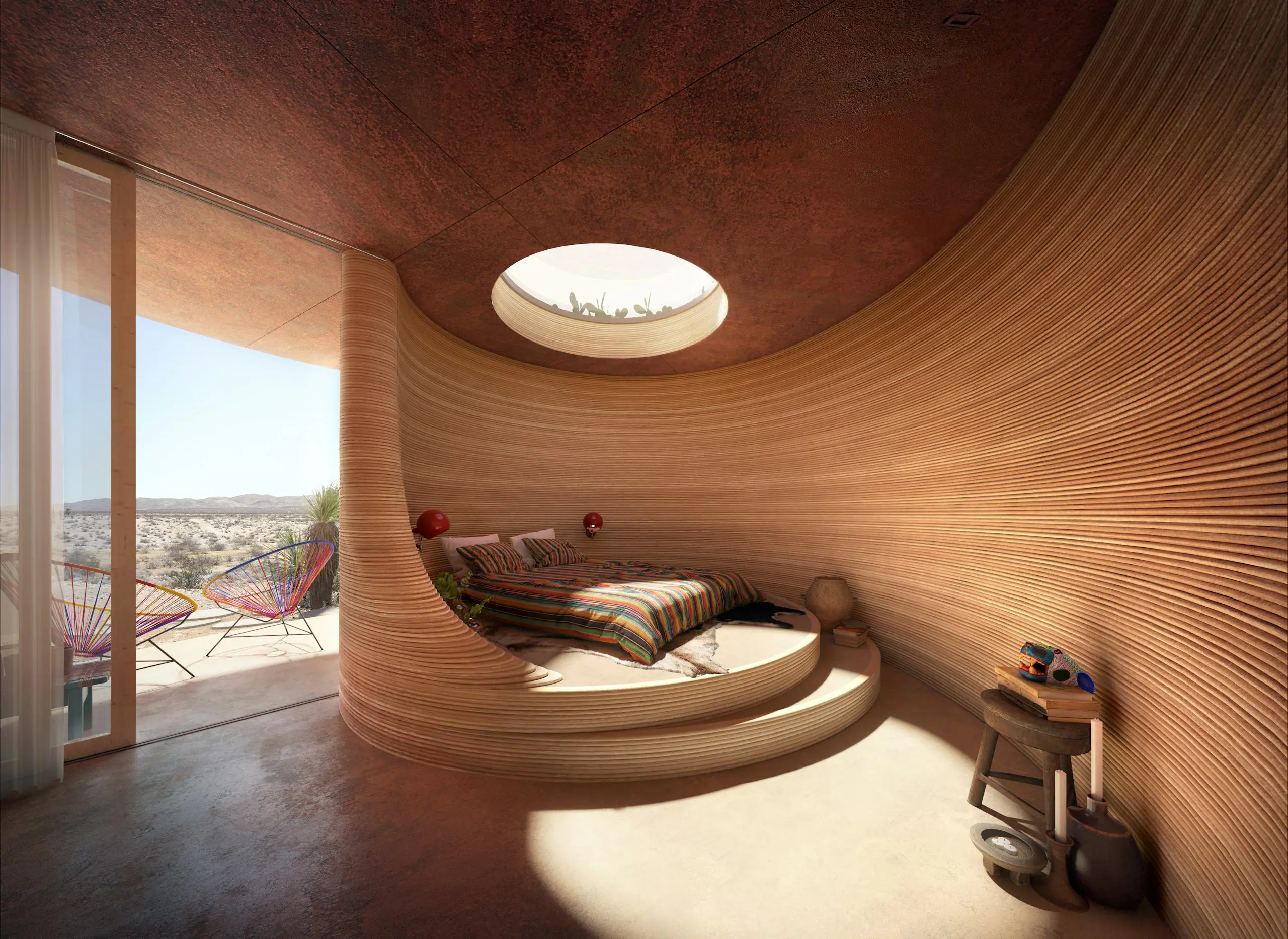Curved ribbed 3D-printed bedroom with circular skylight, built-in platform bed and desert patio view