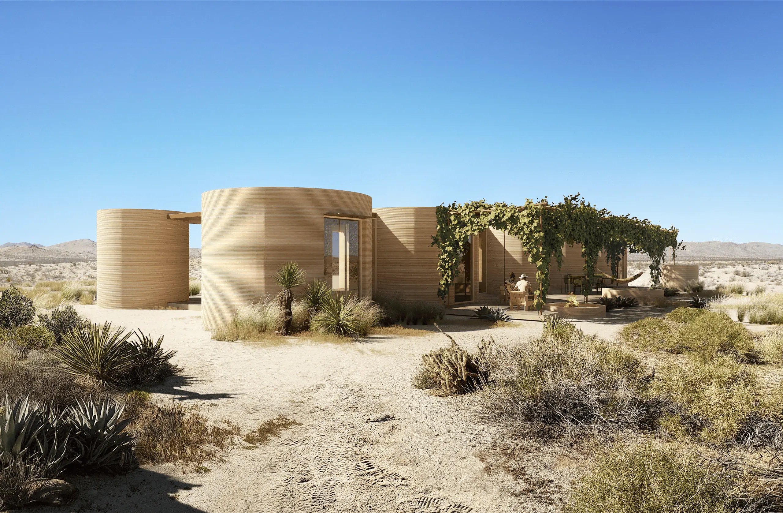 Curved 3D-printed desert home with vine-covered pergola and outdoor living, showcasing printed architecture