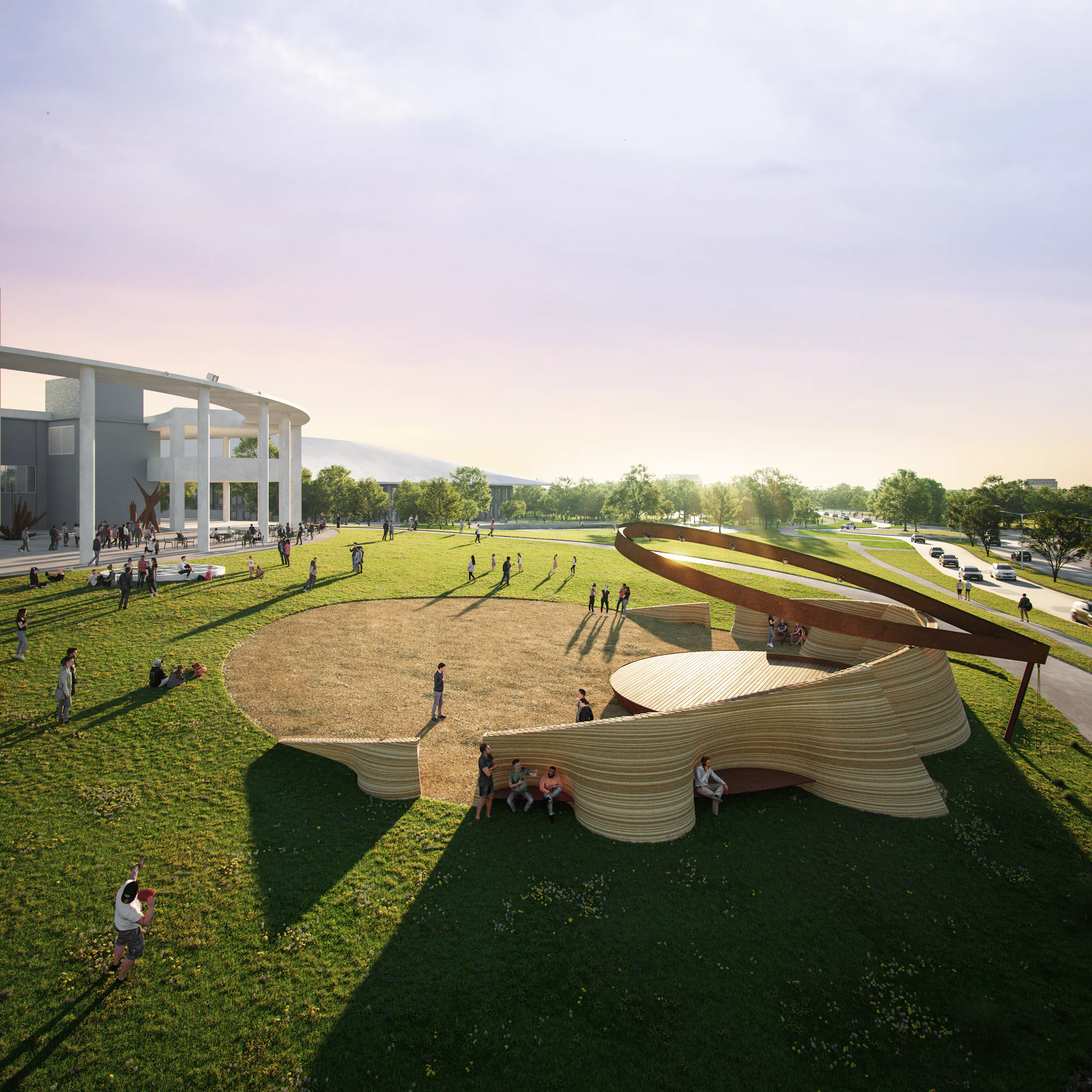 Layered curving wooden pavilion with seating on a park lawn beside a modern colonnaded building, showcasing community architecture