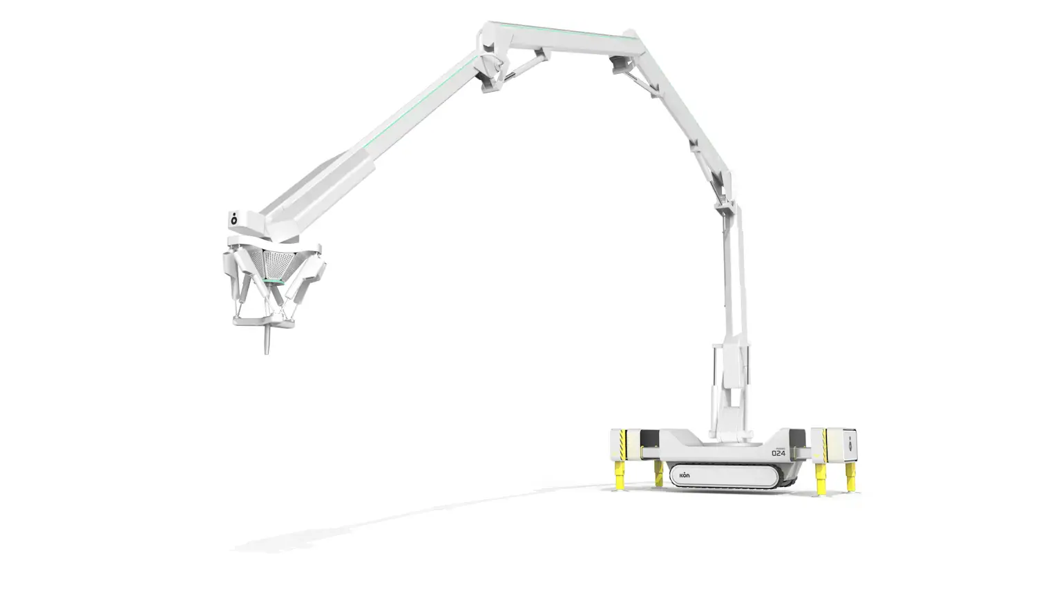 Mobile robotic 3D-printing arm with tracked base and articulated boom for automated building construction