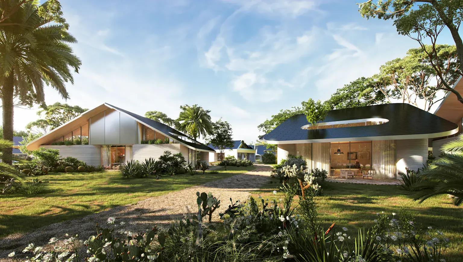 Landscaped community of modern curved-roof homes with large glass facades, illustrating 3D-printed residential design