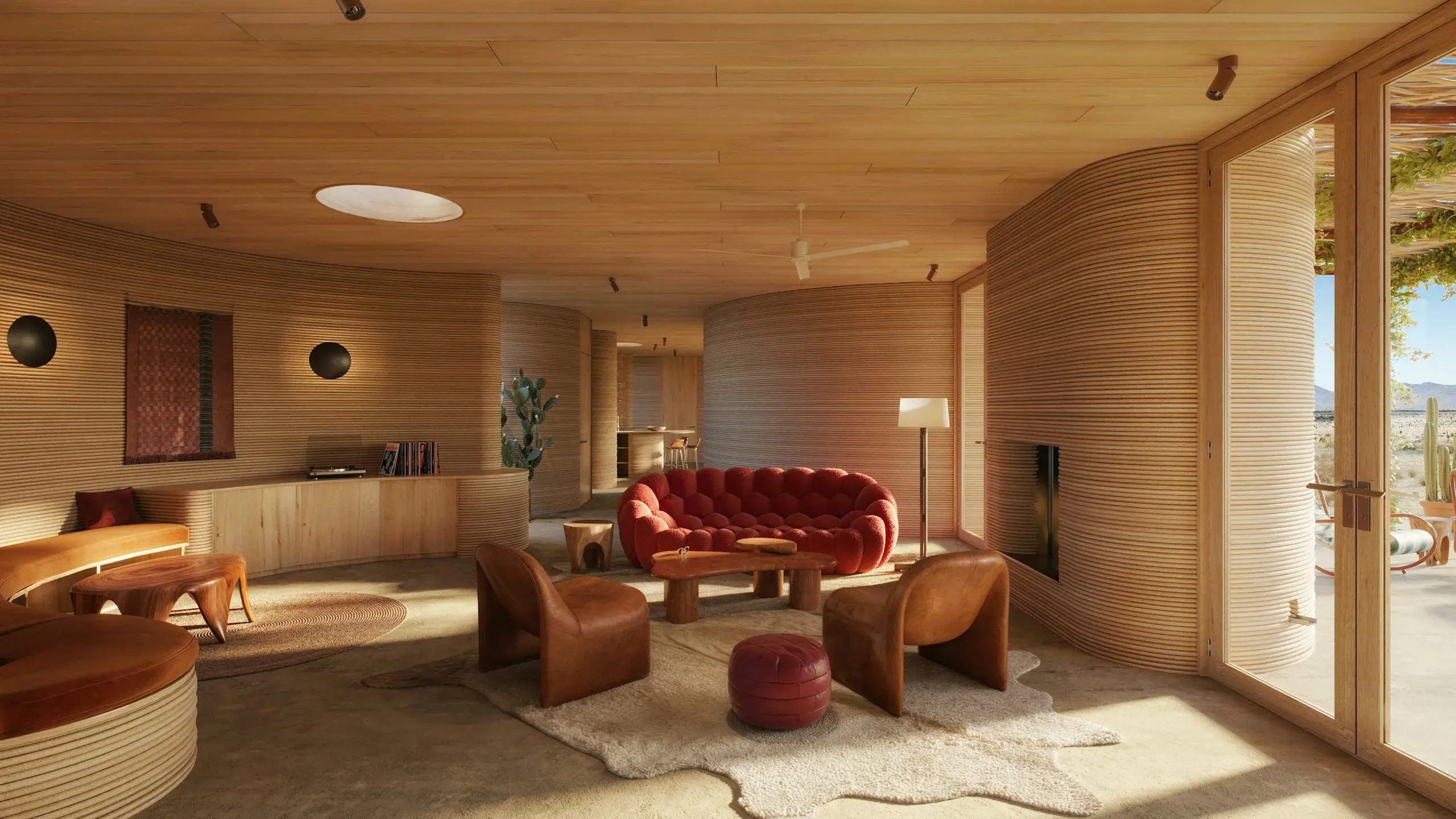 Sunlit living room showcasing 3D-printed layered curved walls, warm wood finishes, red tufted sofa and leather chairs