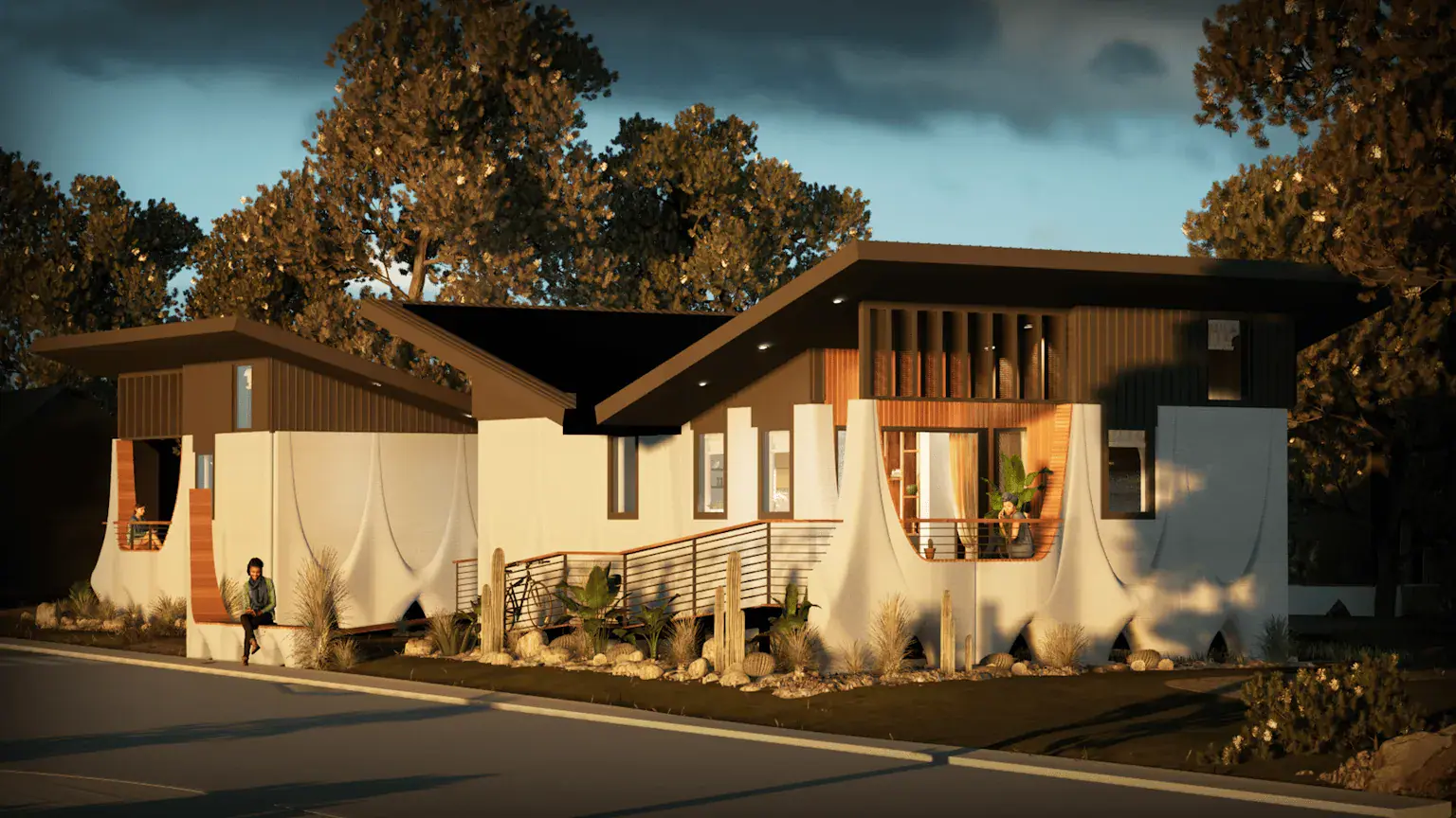 Contemporary home showcasing 3D-printed construction with sculpted exterior walls, wood accents and desert landscaping