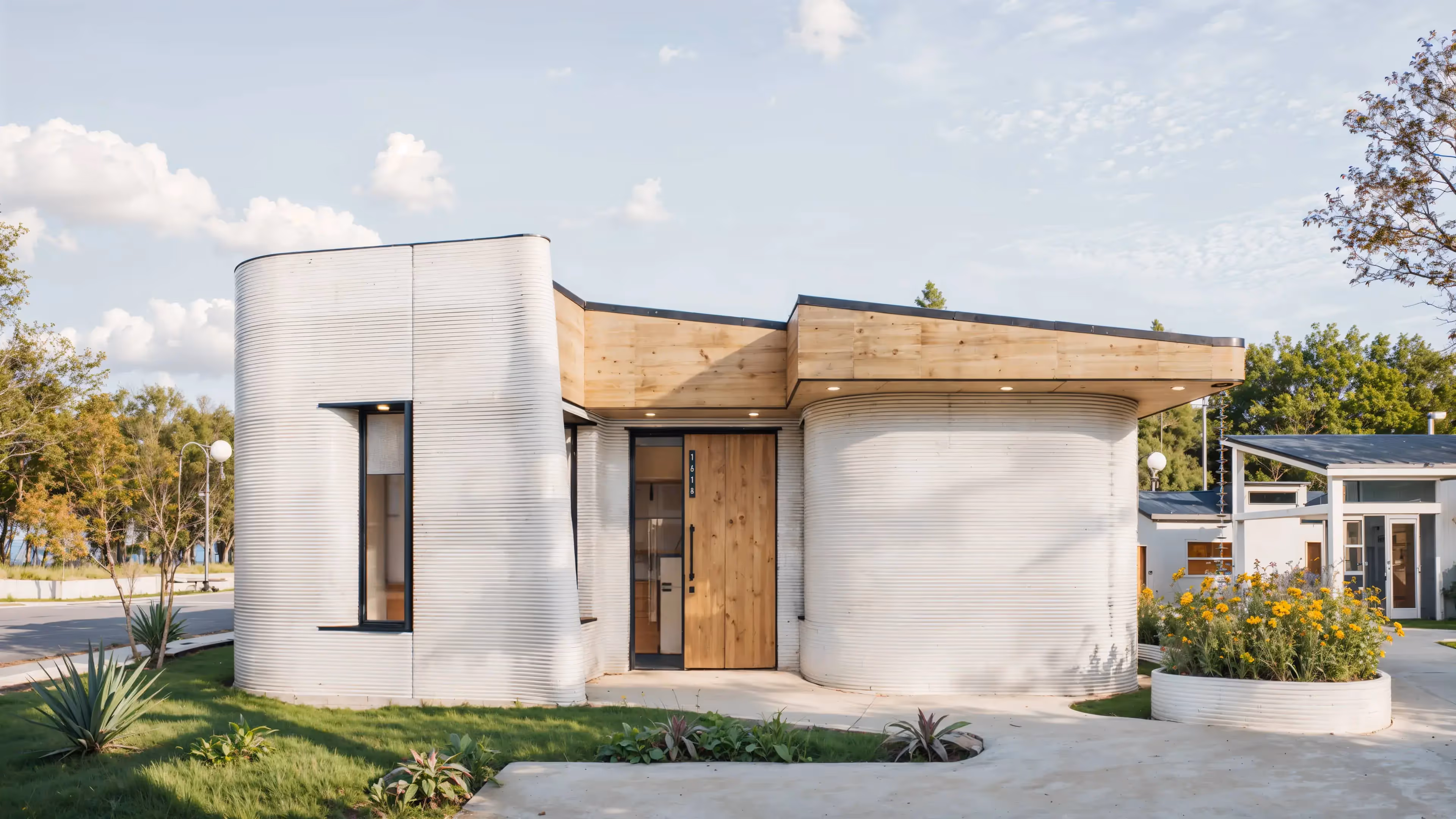 3D-printed single-story home with curved ribbed concrete walls, wood entry canopy and landscaped front