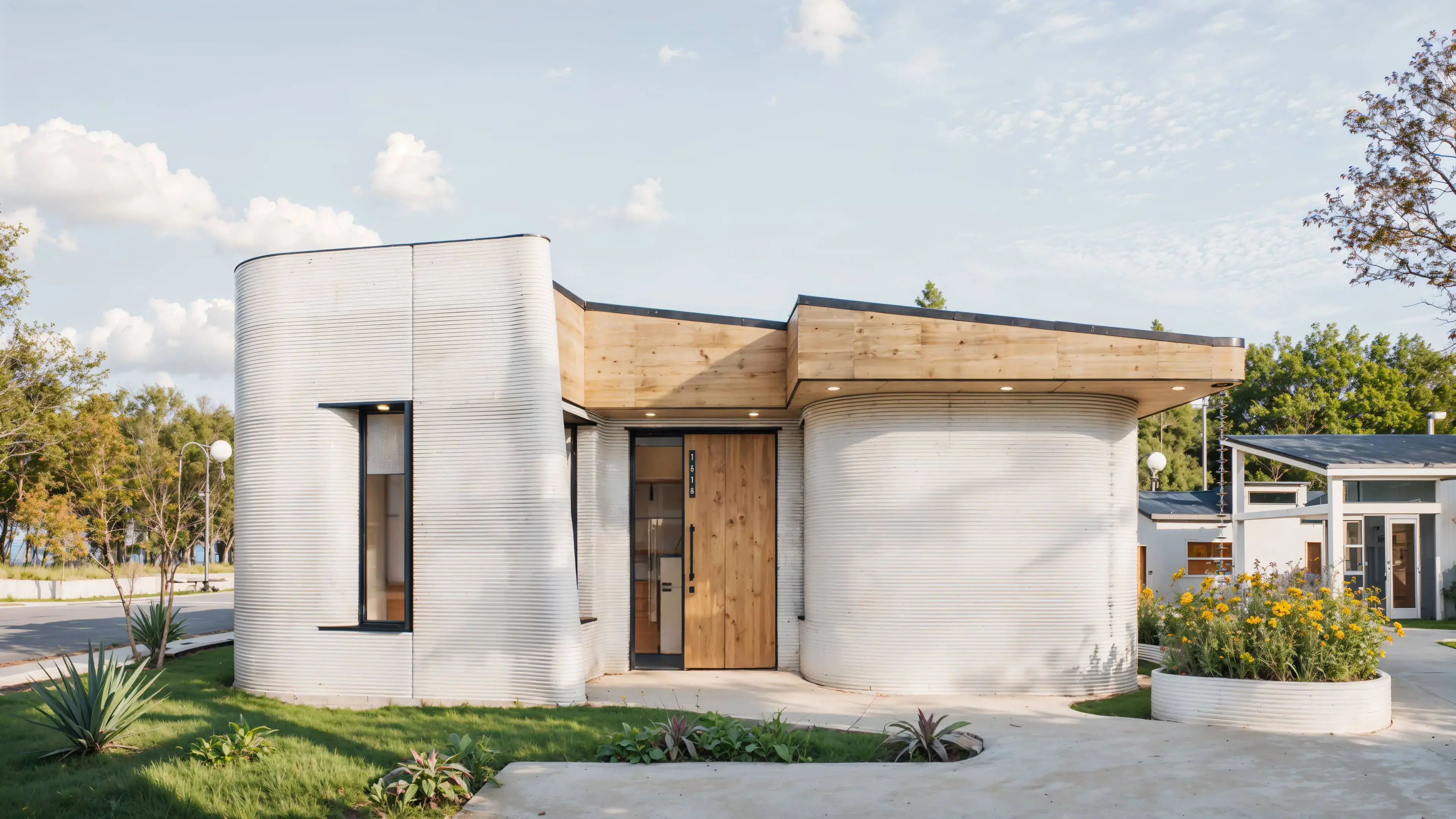 3D-printed single-story home with curved ribbed concrete walls, wood entry canopy and landscaped front
