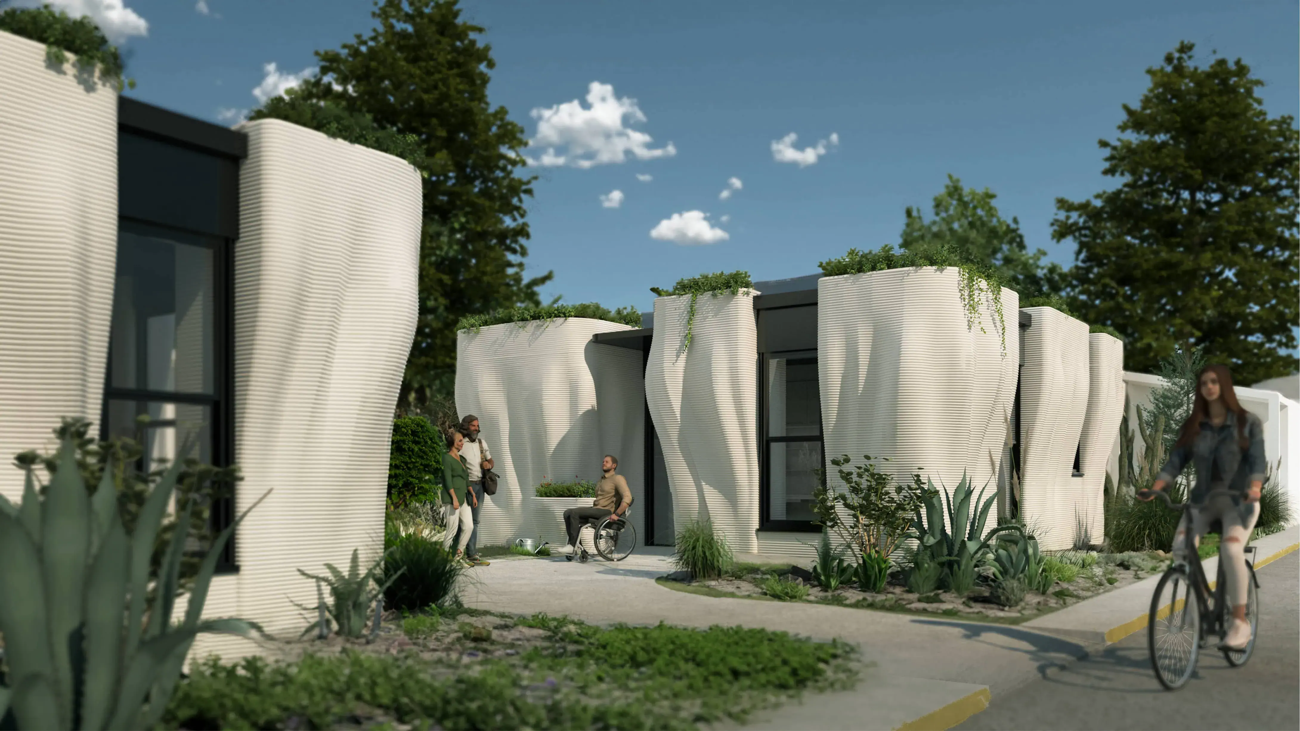 Curved ribbed 3D-printed homes with green roofs, landscaped courtyard and residents including wheelchair user and cyclist