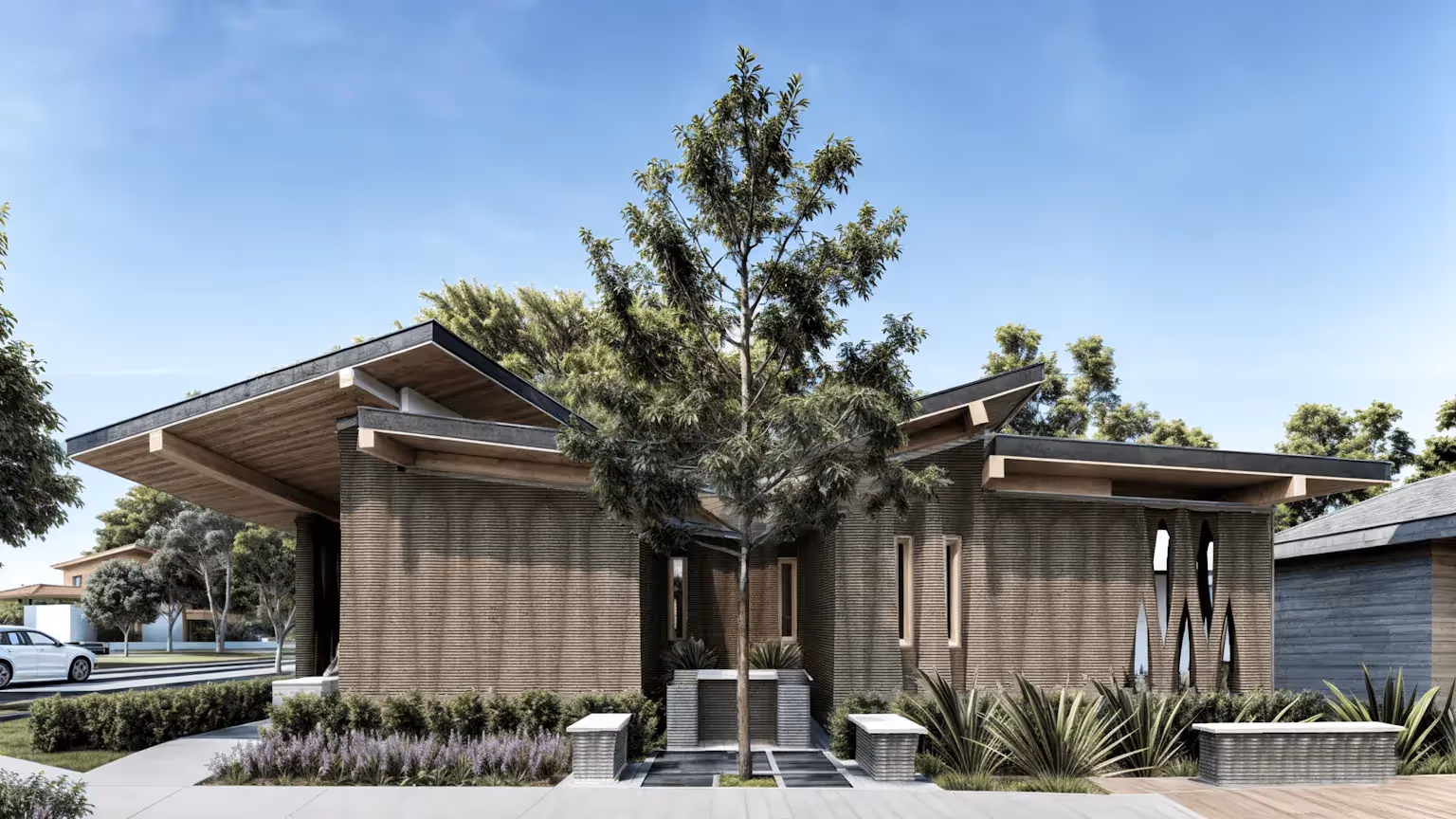 Modern single‑story 3D‑printed home with layered concrete walls, overhanging wood roofs and a landscaped central entry