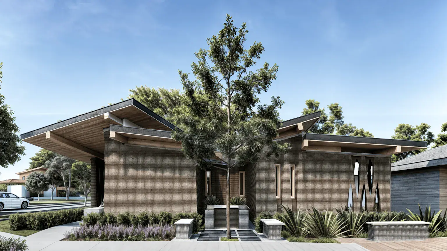 Modern single‑story 3D‑printed home with layered concrete walls, overhanging wood roofs and a landscaped central entry