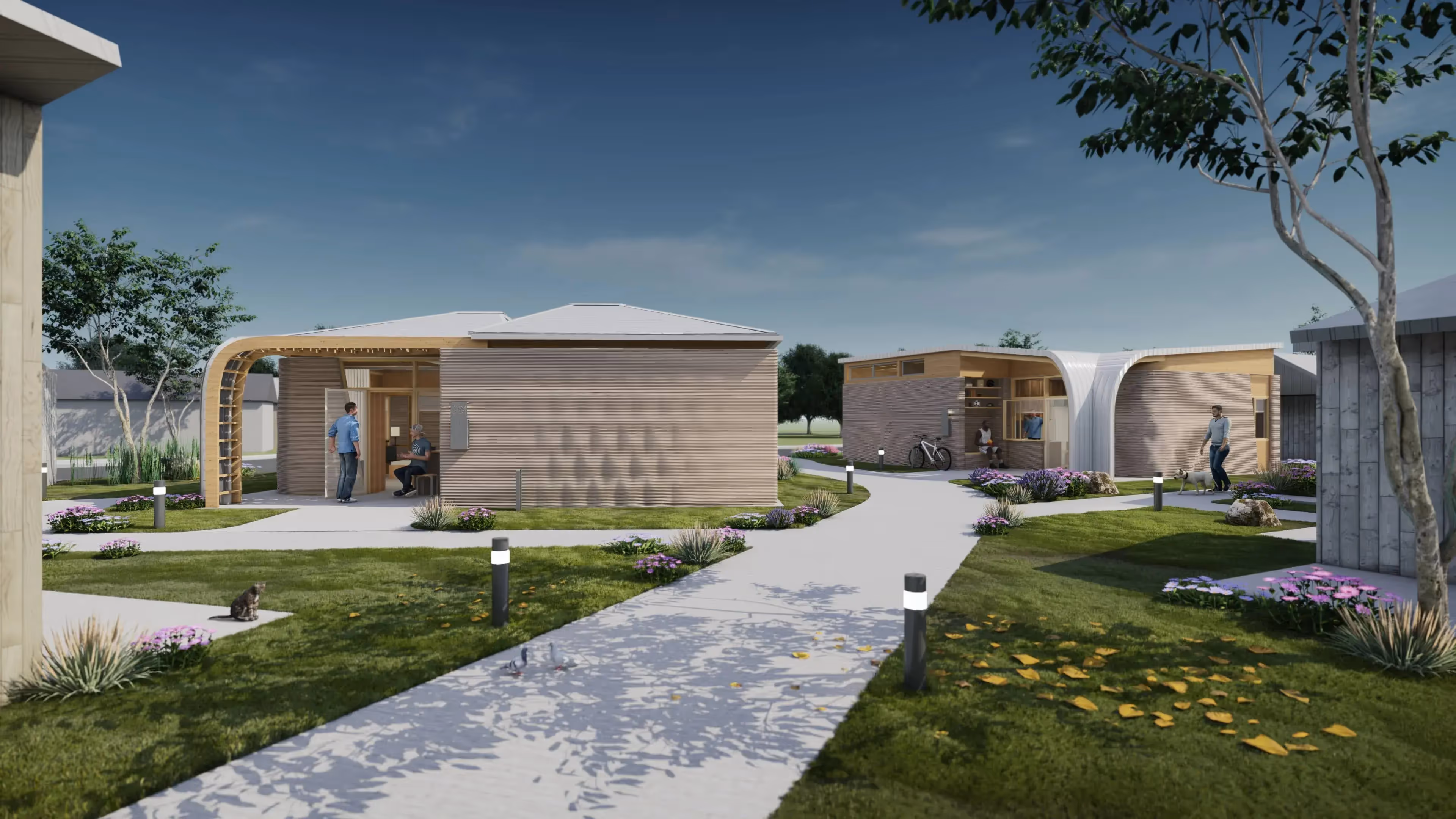 Small modern community of single-story 3D-printed homes with curved wooden canopies, landscaped paths and residents