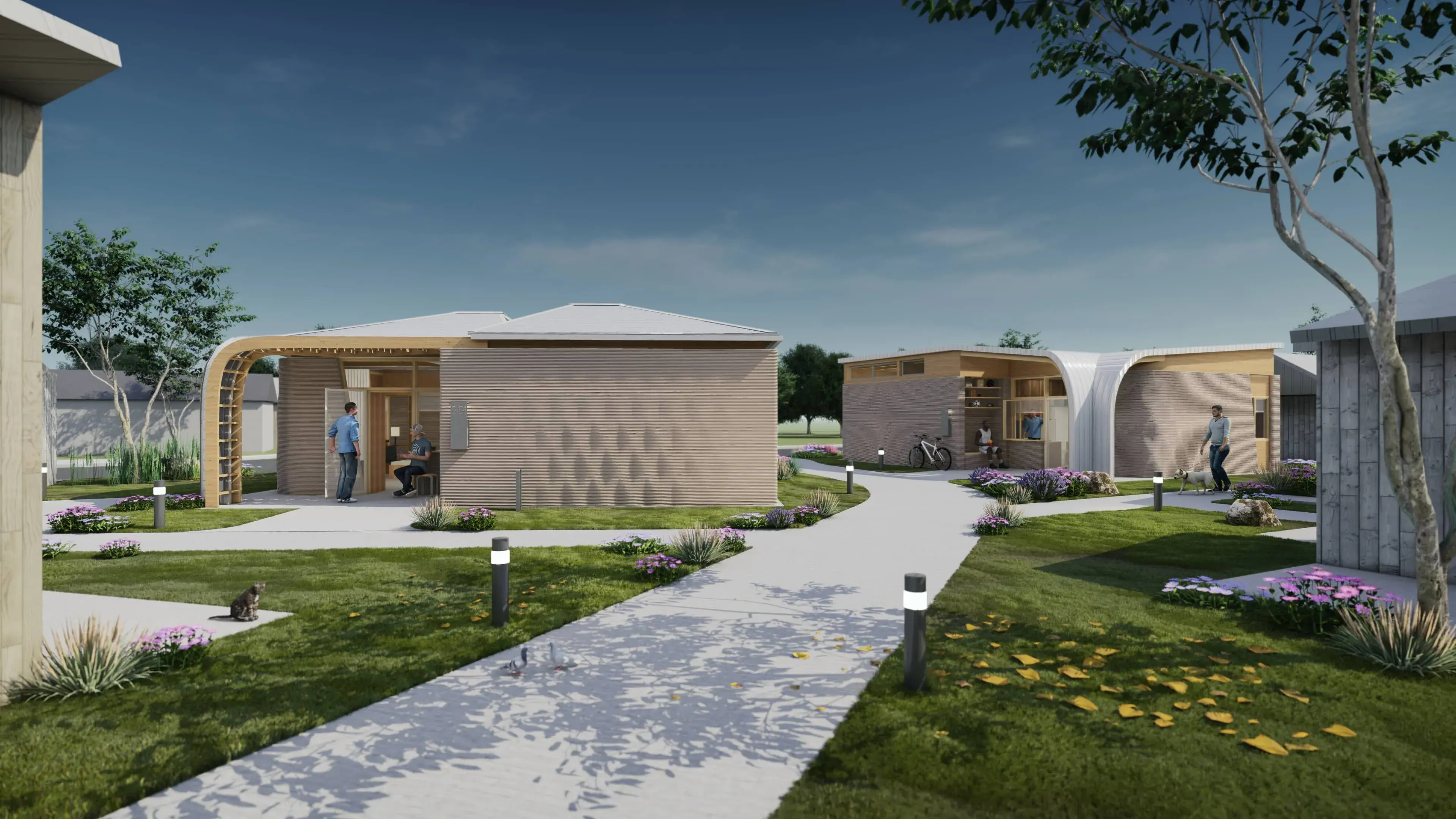 Small modern community of single-story 3D-printed homes with curved wooden canopies, landscaped paths and residents
