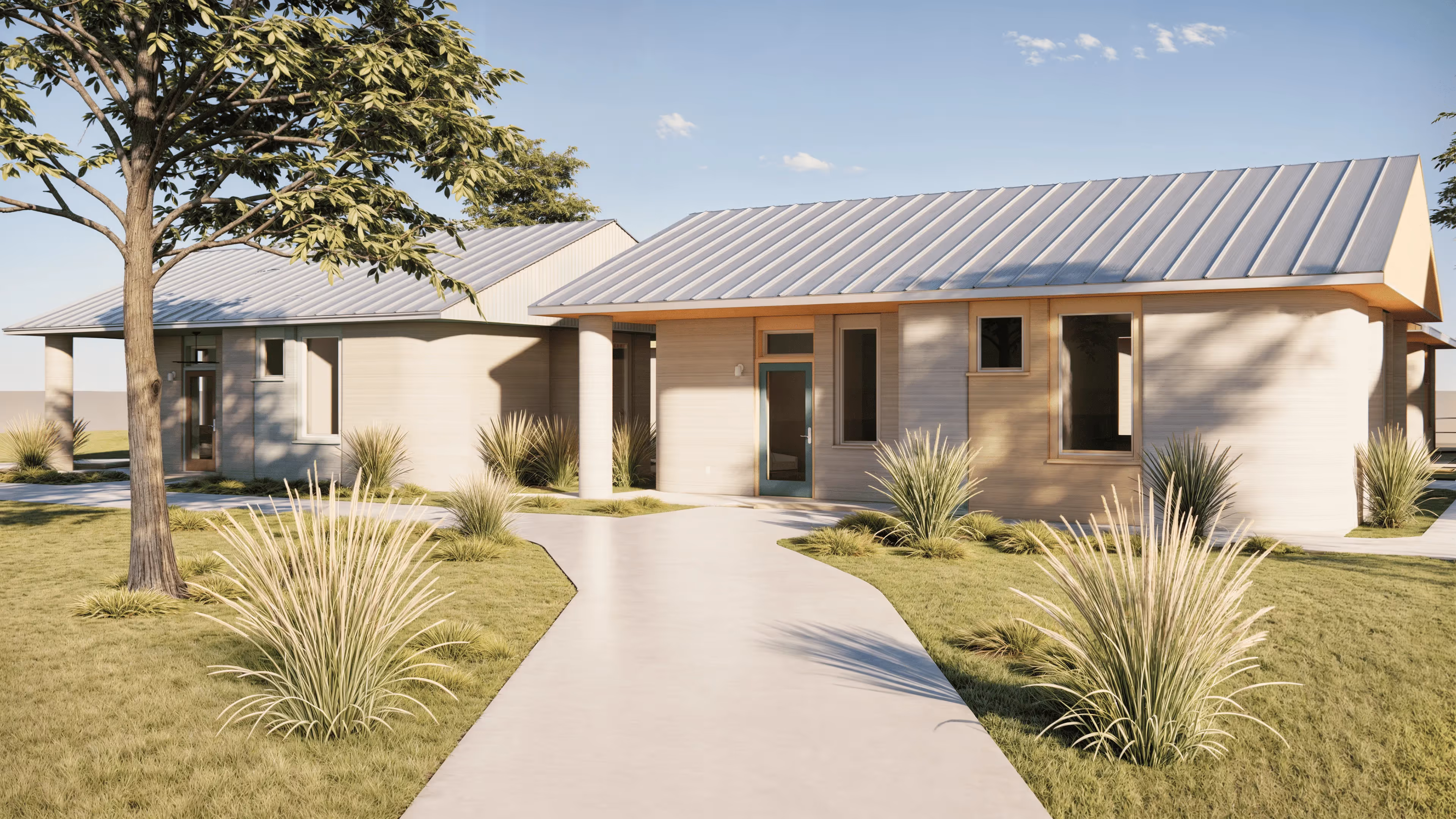Modern single-story homes with metal roofs and 3D-printed textured walls beside landscaped walkway
