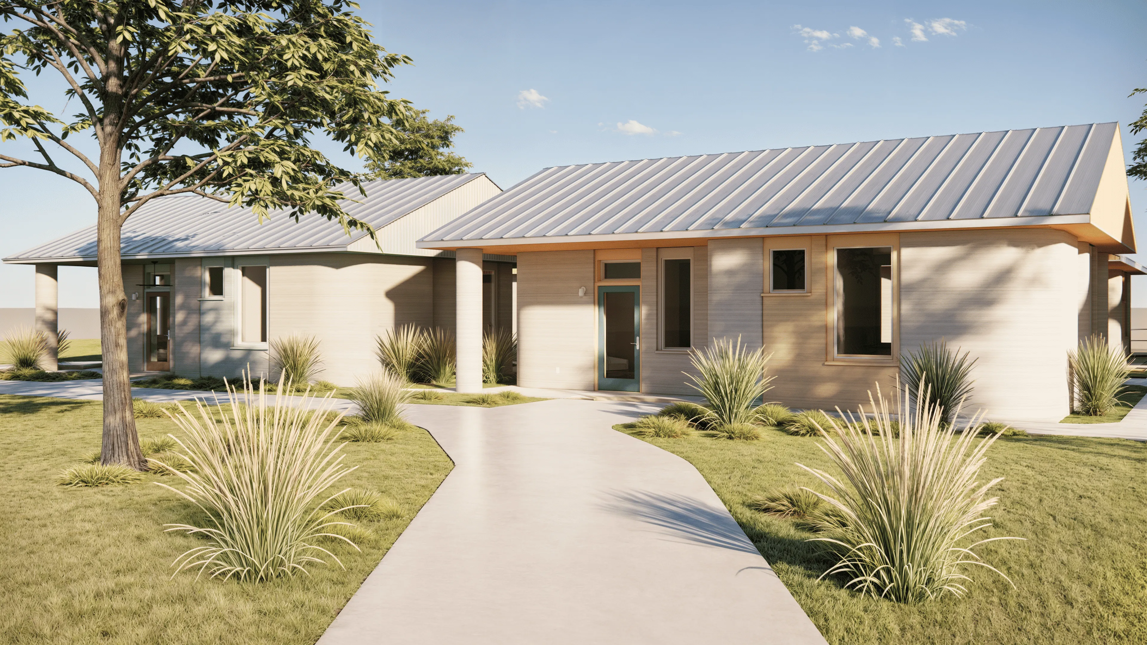 Modern single-story homes with metal roofs and 3D-printed textured walls beside landscaped walkway