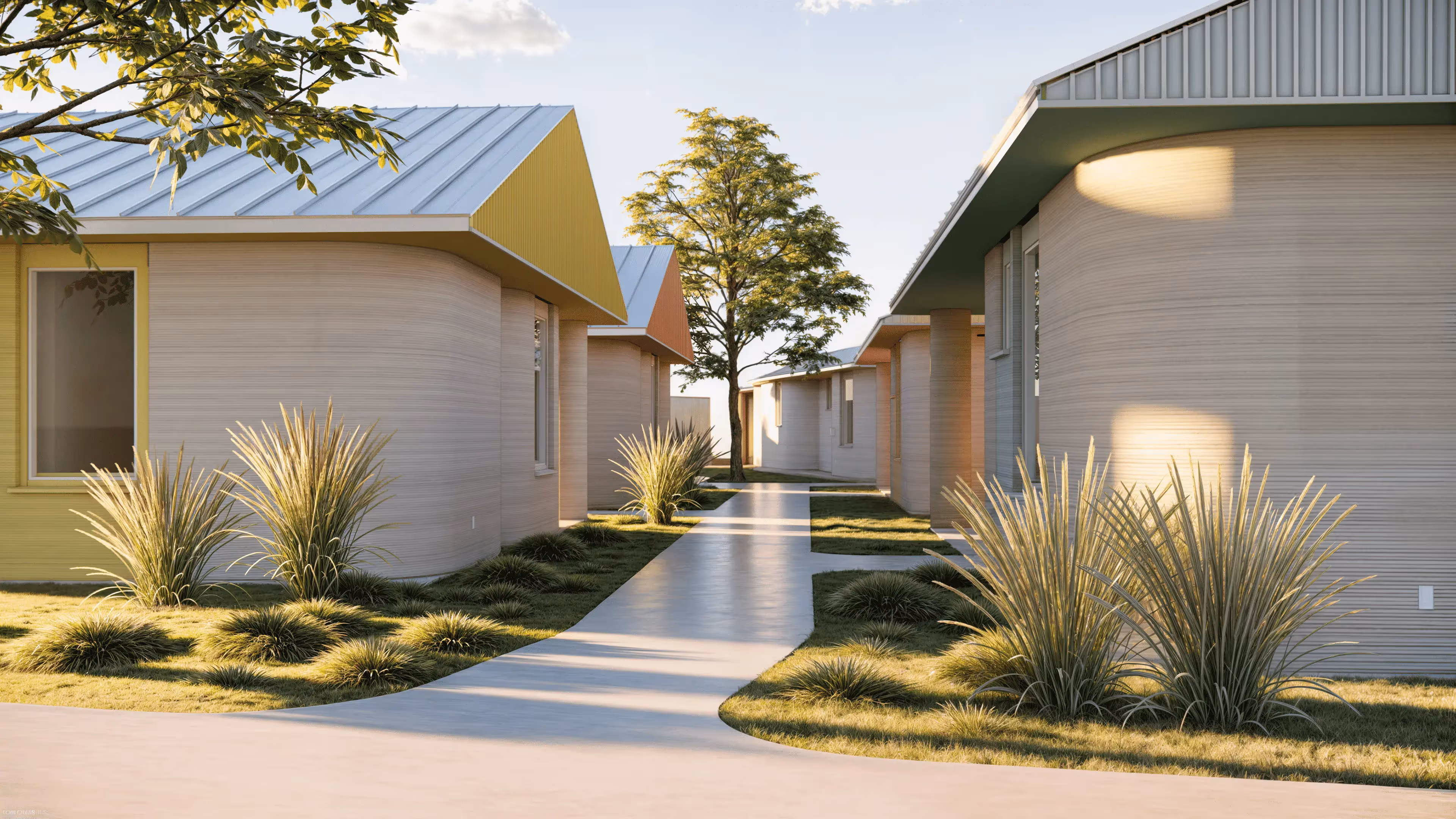 3D-printed single‑story homes with curved, layered walls and colored metal roofs lining a landscaped pedestrian pathway