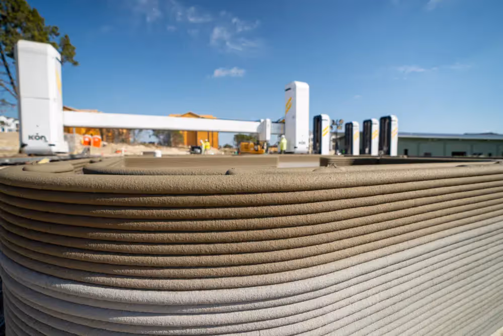 Layered concrete wall from 3D-printing with robotic gantry printer and workers on a construction site