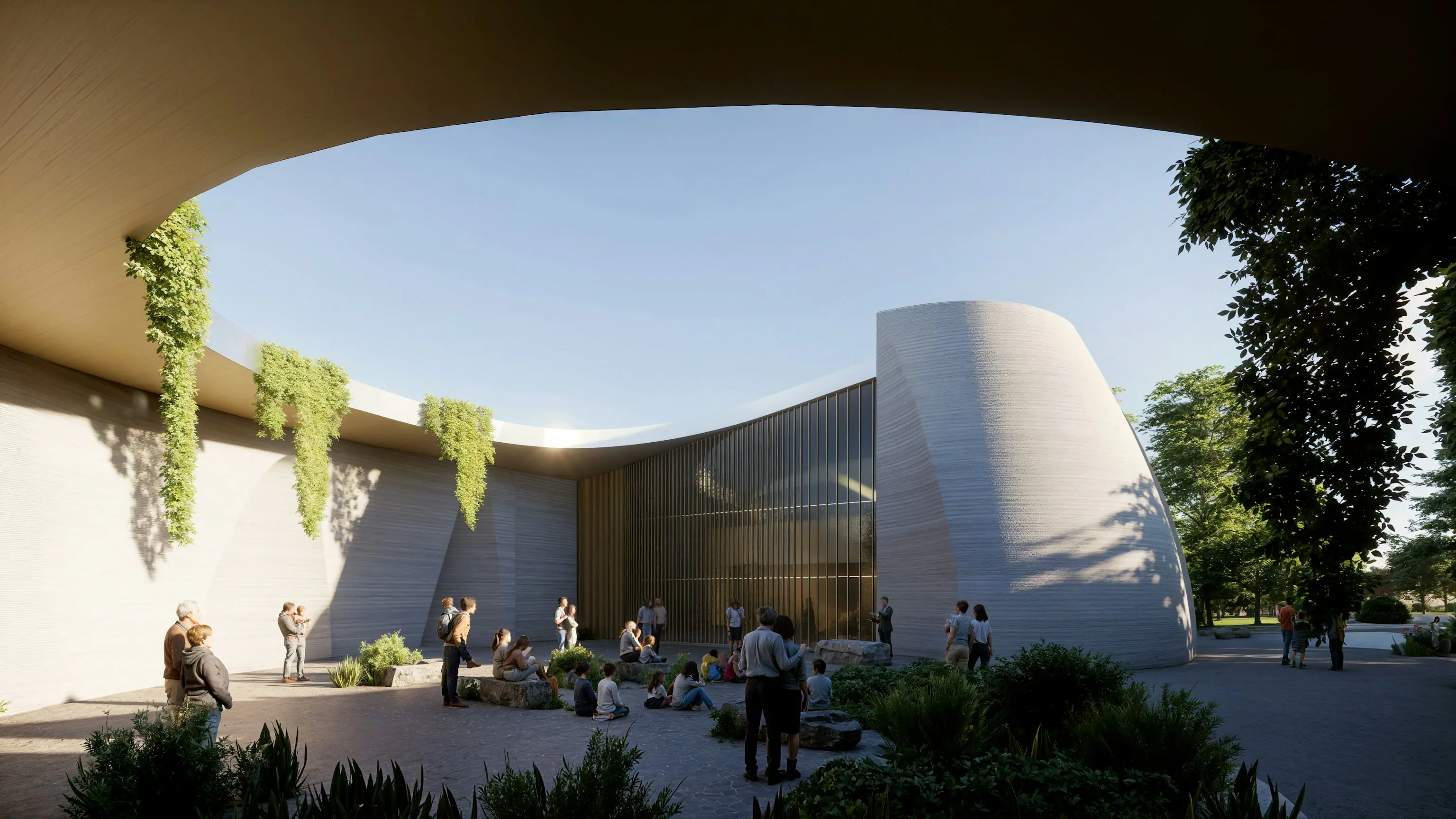 Curved 3D-printed concrete courtyard with hanging greenery and people gathering, showcasing design-build architecture.