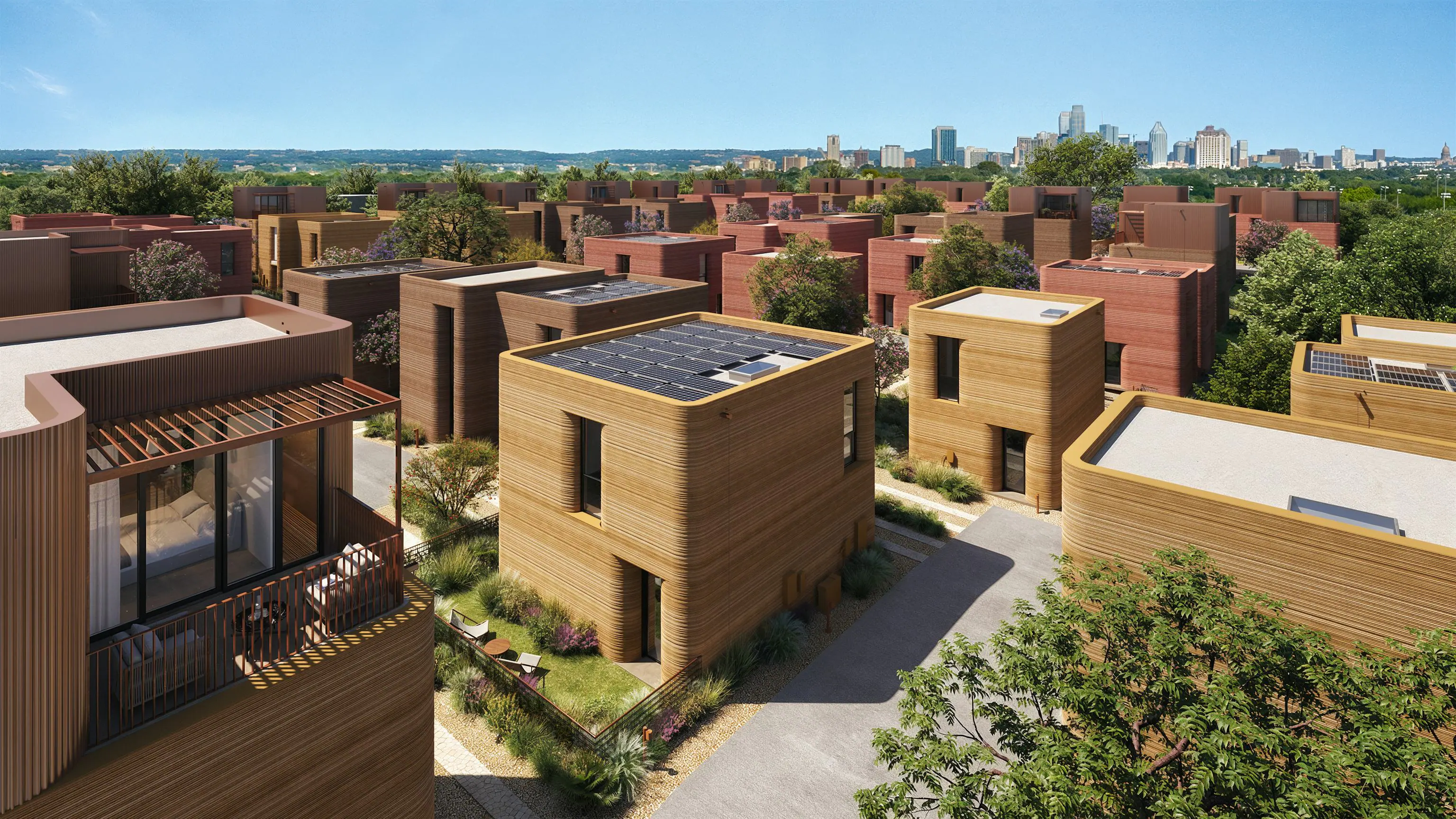 Aerial view of a 3D-printed residential community with curved wood-textured homes, rooftop solar panels, and landscaped paths