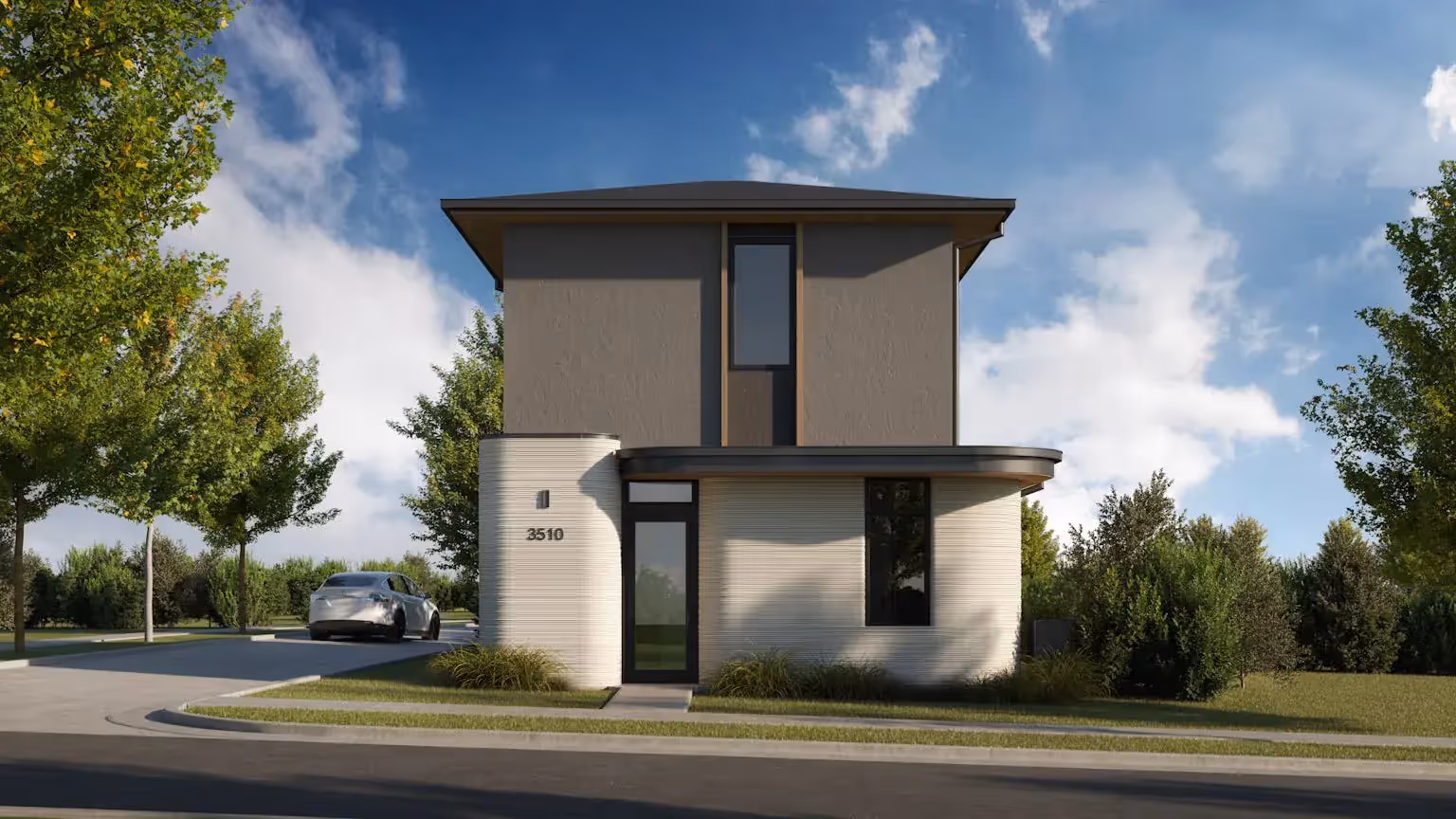 Modern two-story home with curved 3D-printed facade and driveway, demonstrating design-build construction