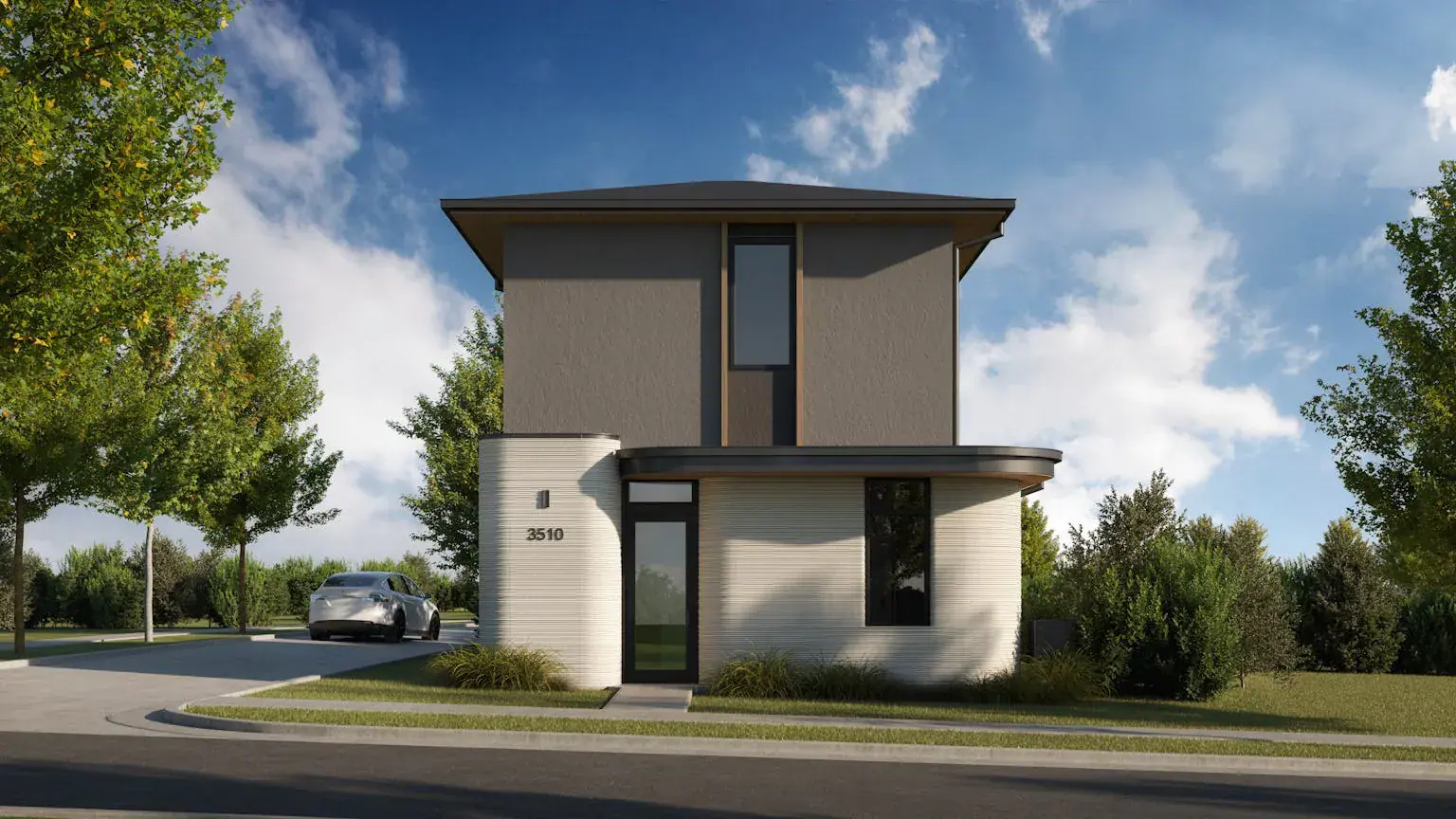 Modern two-story home with curved 3D-printed facade and driveway, demonstrating design-build construction