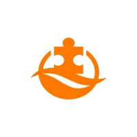 Orange puzzle piece above a curved wave inside a circle.