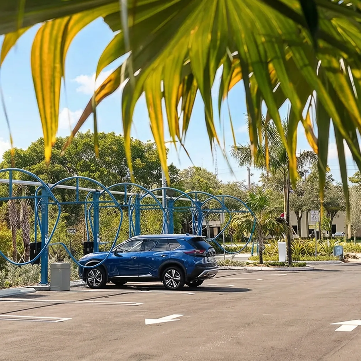 Blue SUV parked at electric vehicle charging station with palm trees and greenery in the background.