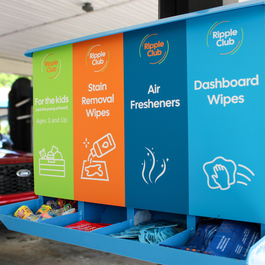 Ripple Club member amenities at Rising Tide Margate: stain wipes, air fresheners, dashboard wipes