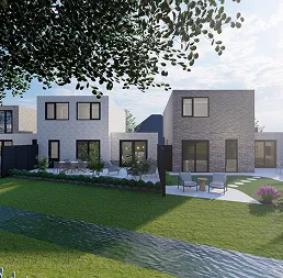 Moderne huizen met grote ramen en nette tuinen langs een smalle waterrij in een zonnige buitenwijk met blauwe lucht.