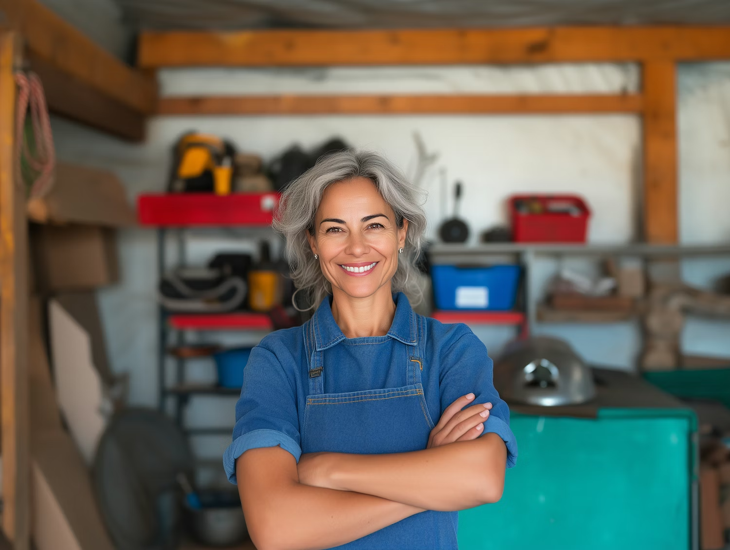 Smiling middle-aged woman with gray hair in a blue denim apron standing with arms crossed in a workshop.
