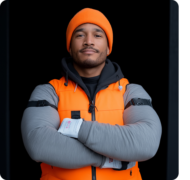 Man wearing an orange beanie and orange vest over a gray long-sleeve shirt with arms crossed against a black background.