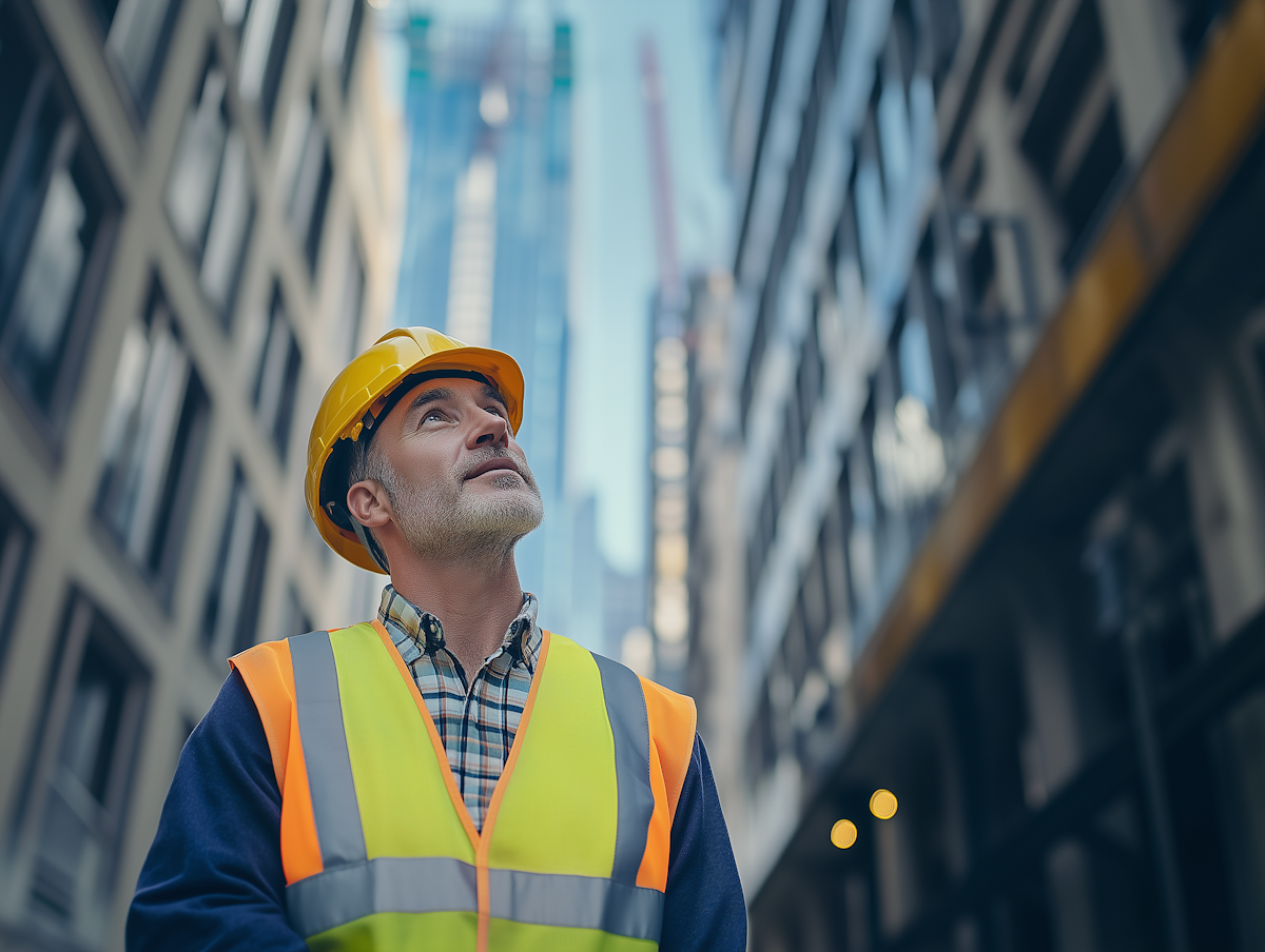 Construction worker wearing yellow hard hat and reflective vest looking up in an urban building area.