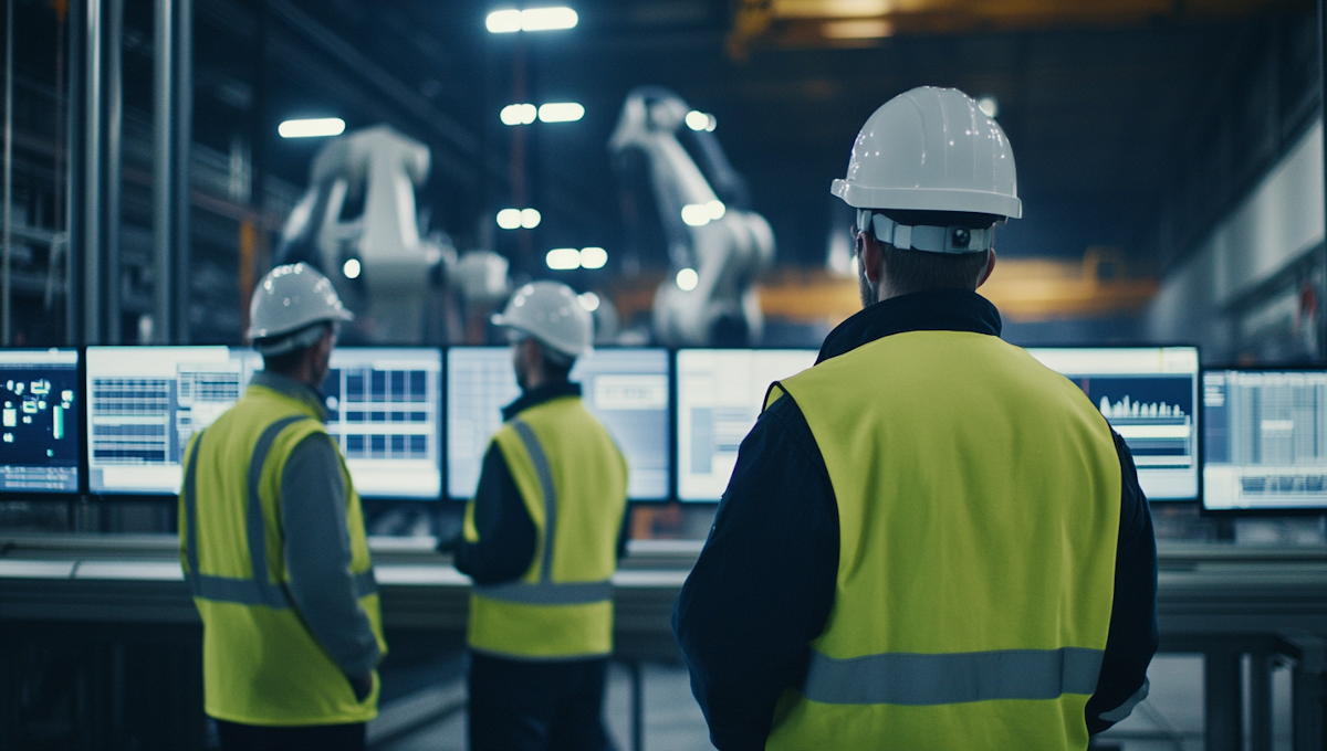 Three workers in yellow safety vests and white helmets monitoring data on multiple computer screens in an industrial control room.