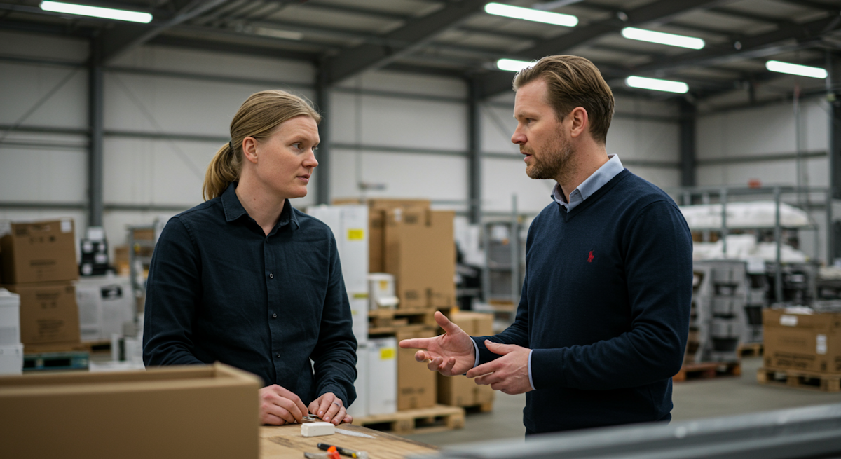 Two people in a warehouse having a discussion surrounded by cardboard boxes on pallets.