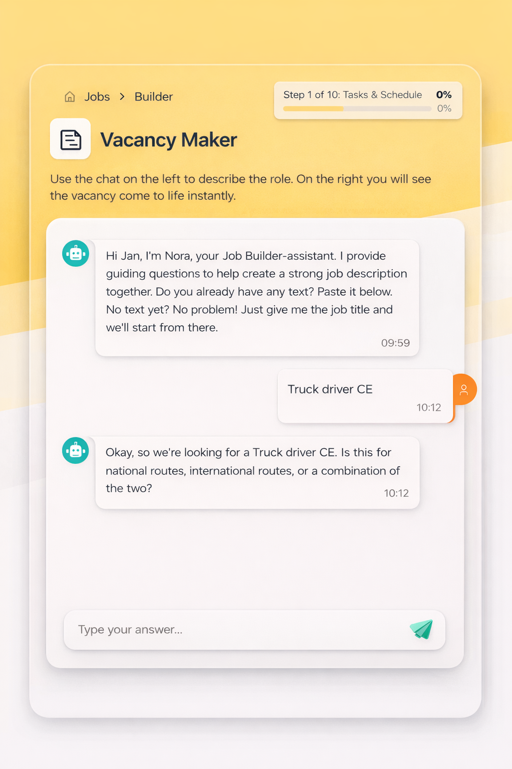 Screenshot of a job vacancy creation chat interface showing a conversation between a Job Builder-assistant named Nora and a user about creating a Truck driver CE job description.
