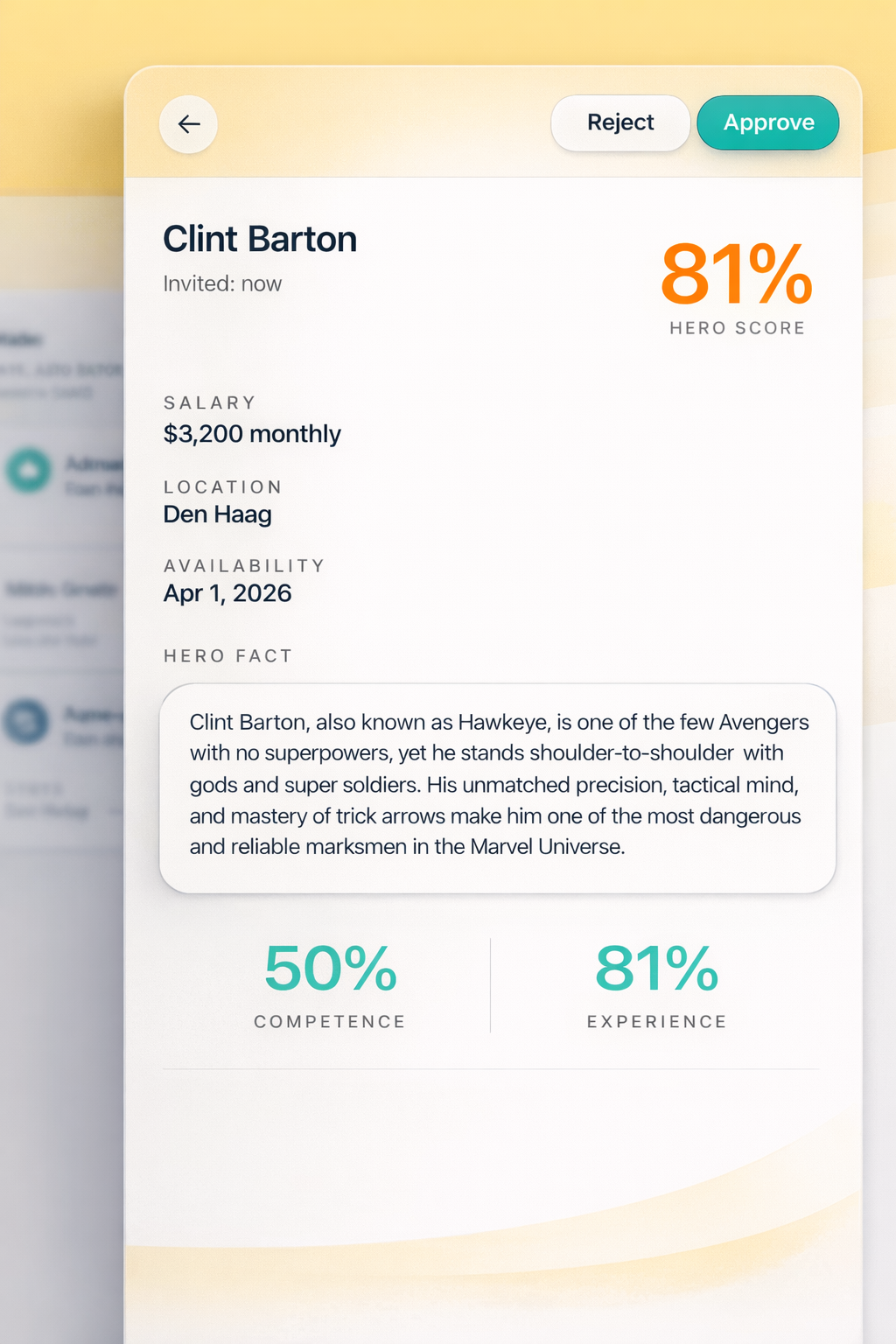 Candidate profile card for Clint Barton showing $3,200 monthly salary, Den Haag location, availability April 1, 2026, hero score 81%, 50% competence, and 81% experience with a description of his skills as Hawkeye.