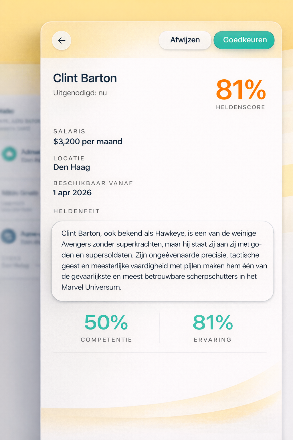 Candidate profile for Clint Barton showing salary $3,200 per month, location Den Haag, availability from April 1, 2026, hero score 81%, competence 50%, and experience 81%, with a bio describing him as Hawkeye, a skilled and reliable marksman among the Avengers.