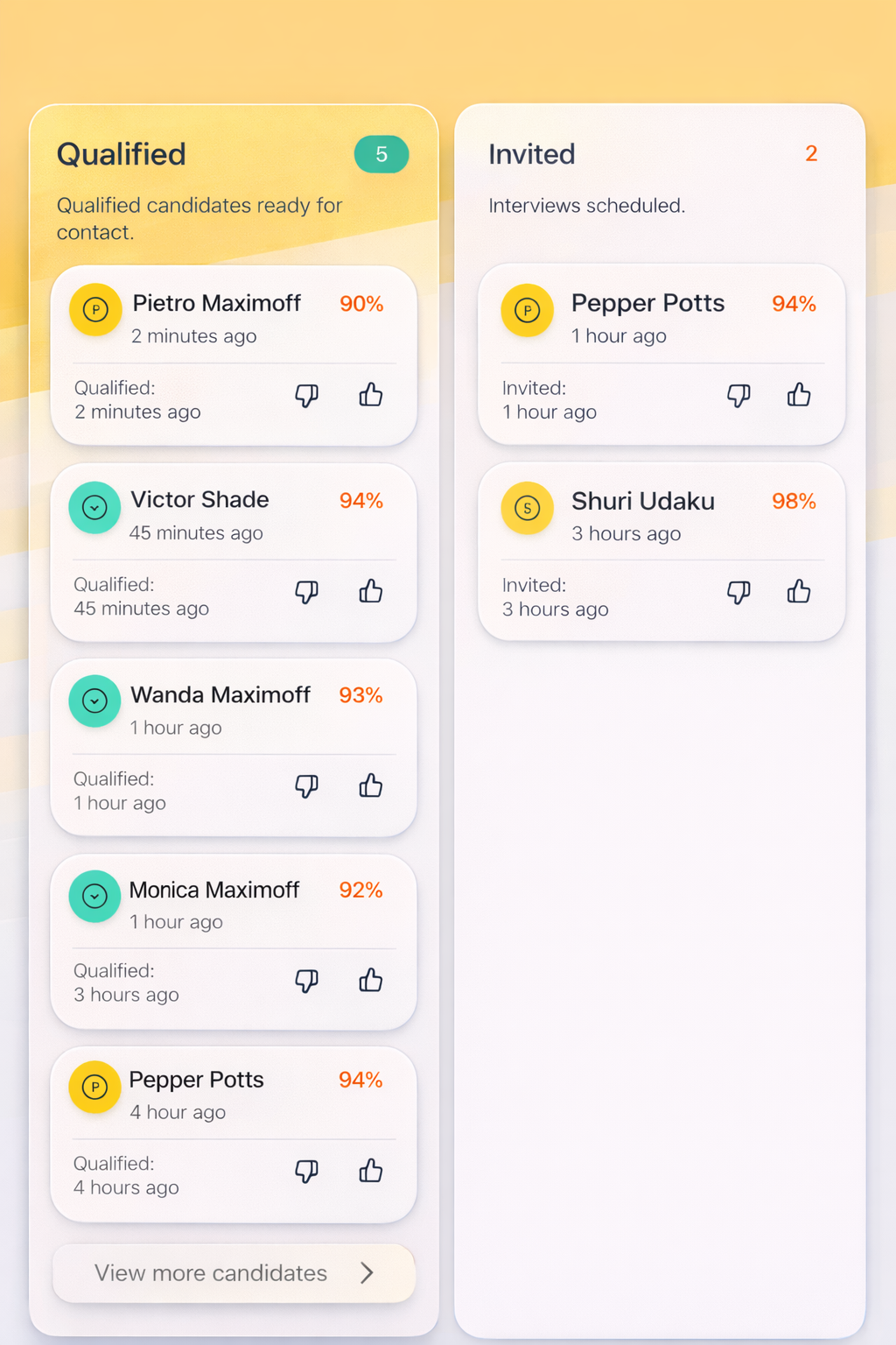 Candidate board showing two sections: Qualified with five candidates ready for contact and Invited with two candidates scheduled for interviews, each with name, profile icon, match percentage, and timestamps.
