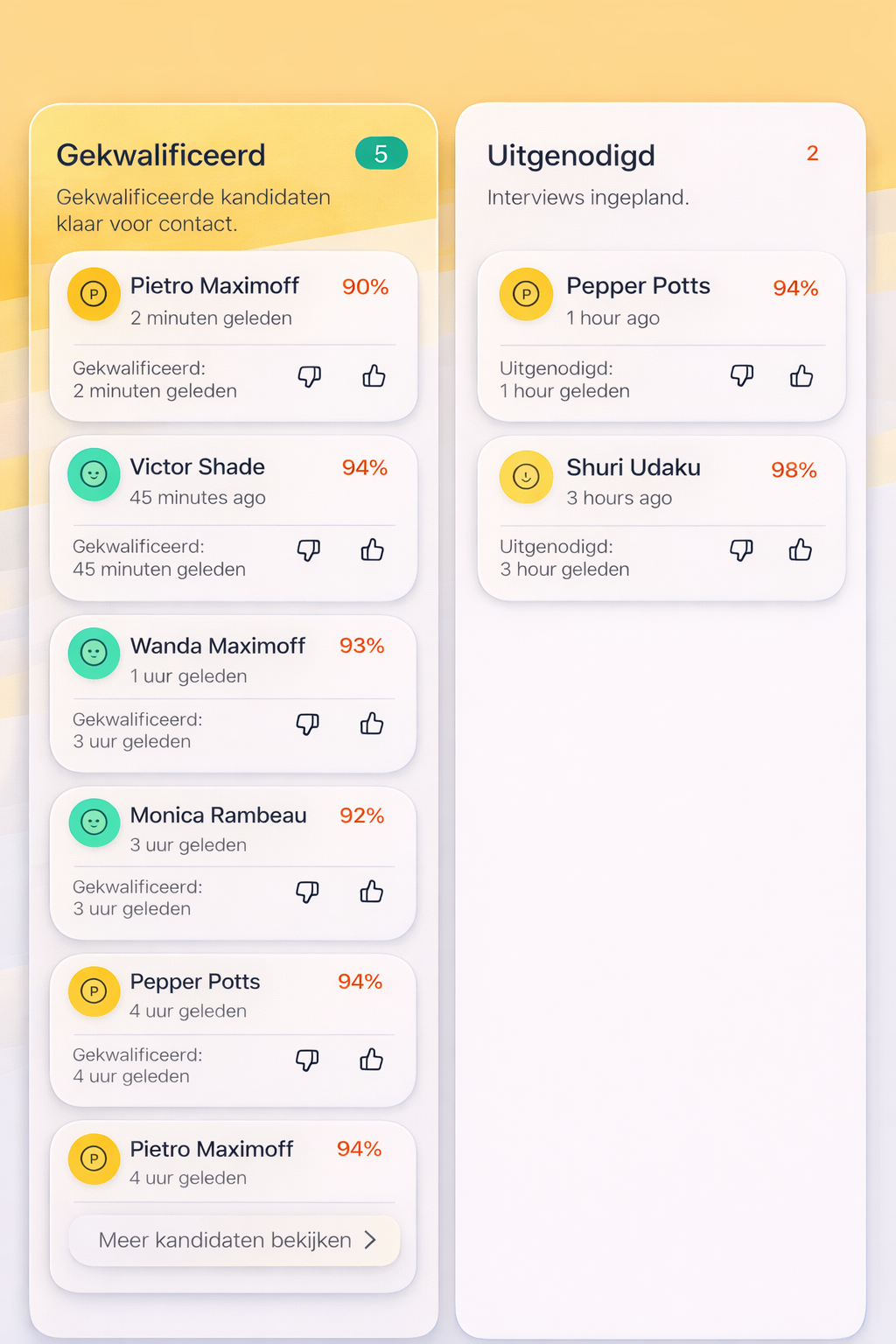 Candidate board showing two columns: 'Qualified' with six candidates ready for contact and 'Invited' with two candidates having interviews scheduled, each with names, time posted, and match percentages.