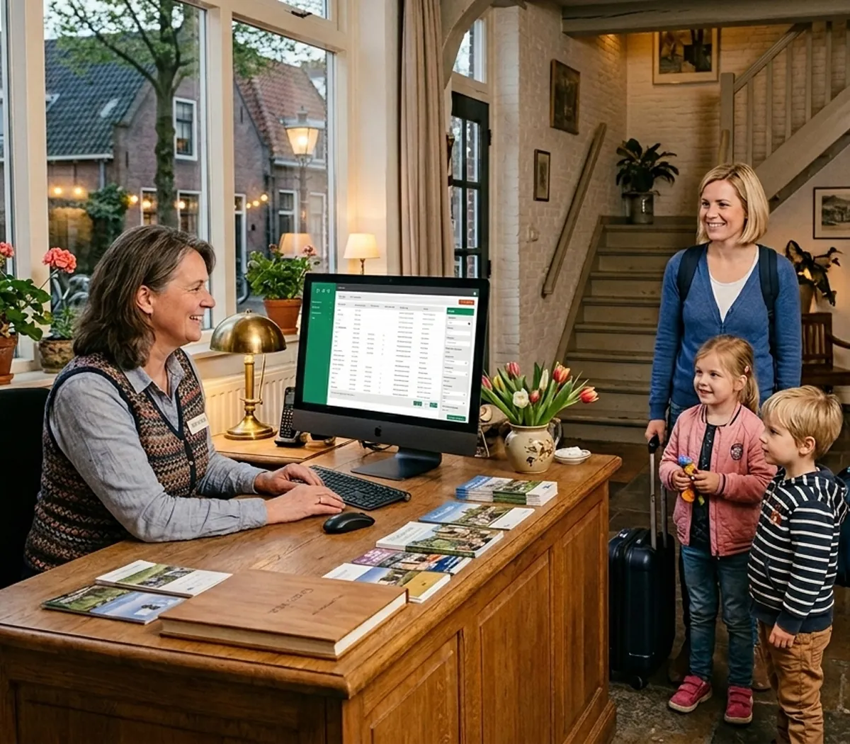 Een vrouw meldt zich aan bij de receptie van een B&B.