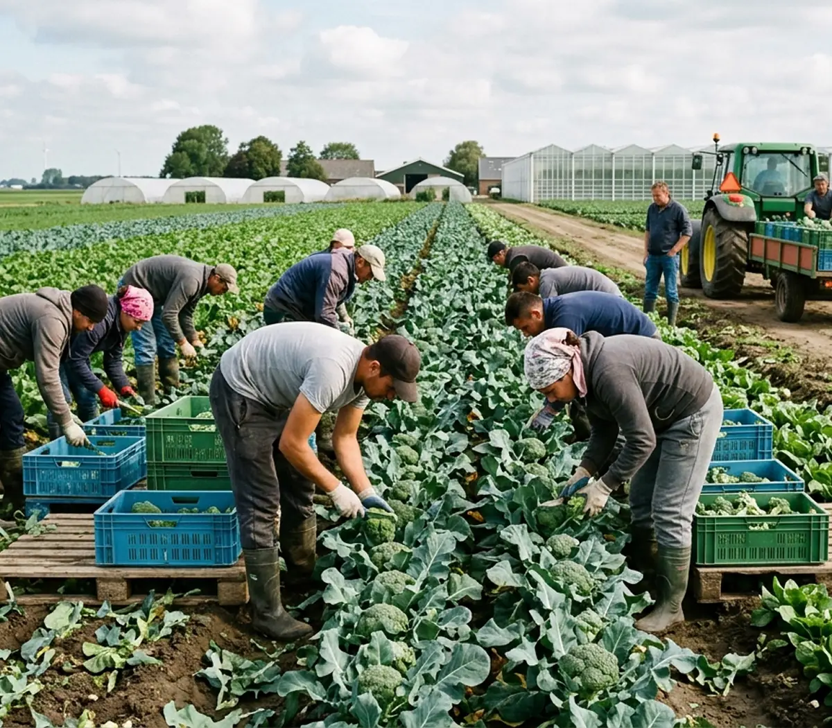 Arbeidsmigranten werken op het land waar ze kool telen met op de achtergrond een traktor en een boer.