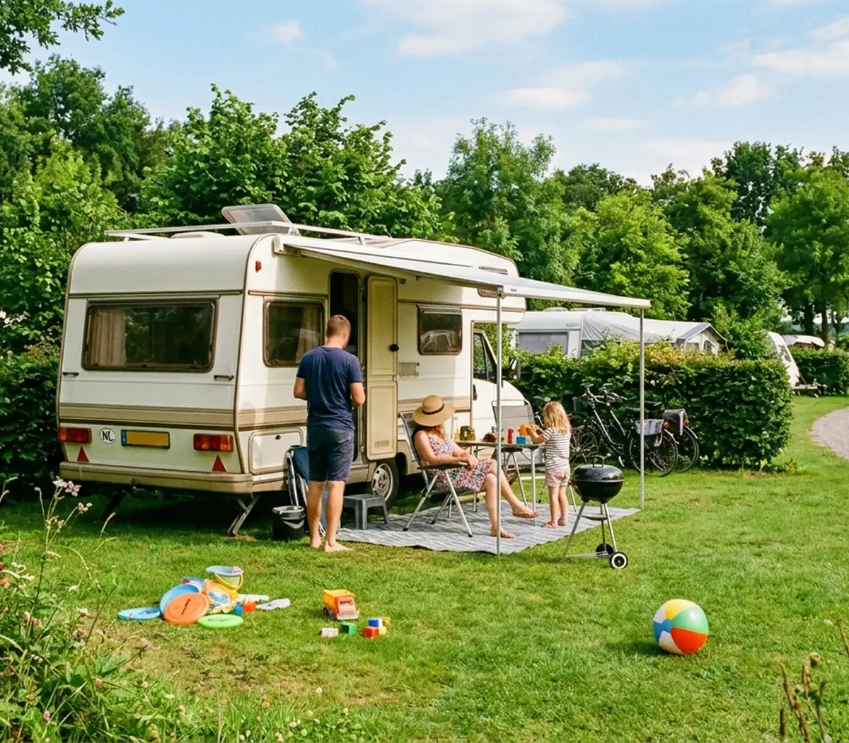 Een gezin bij hun camper op een campingplaats. 