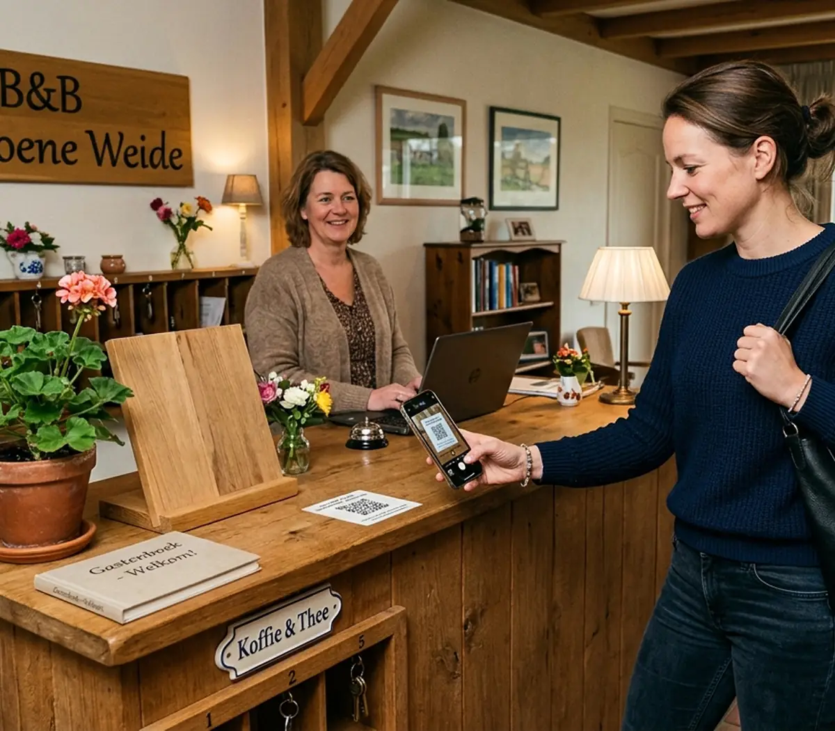 Een gast scant een QR-code bij de receptie van een hotel.