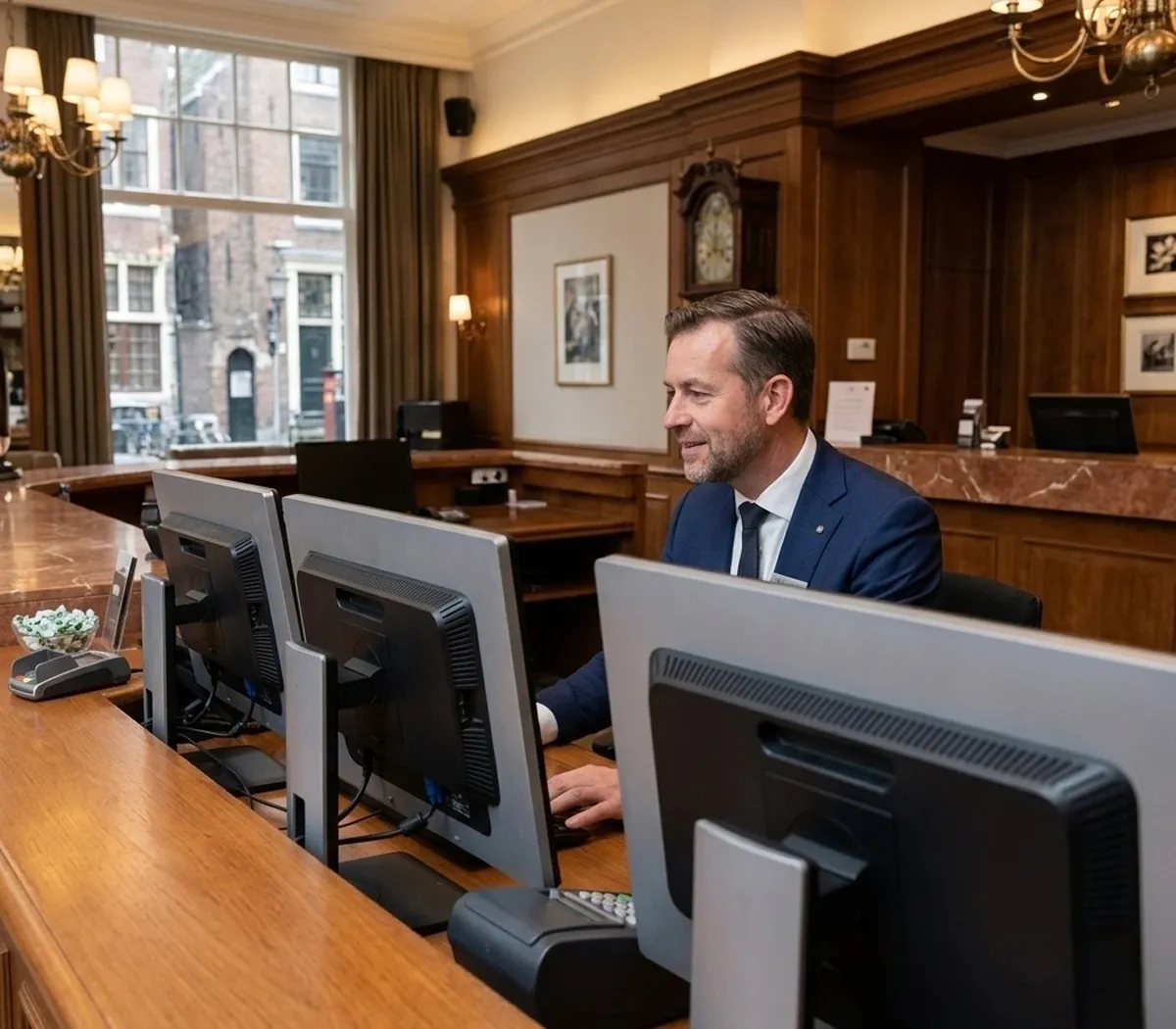 Een hotelmedewerker in pak achter de receptie van een groot hotel. Hij kijkt naar een computerscherm.