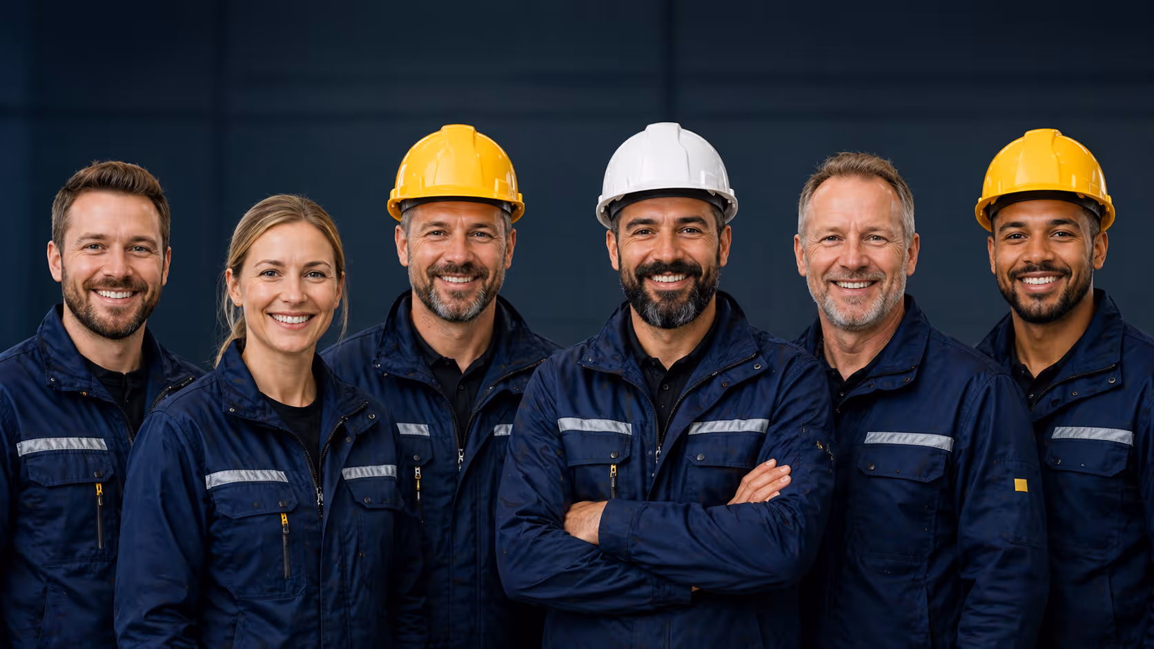 Team in Arbeitskleidung mit Schutzhelmen