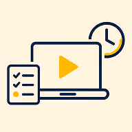 Laptop mit Play-Symbol, Checkliste und Uhr